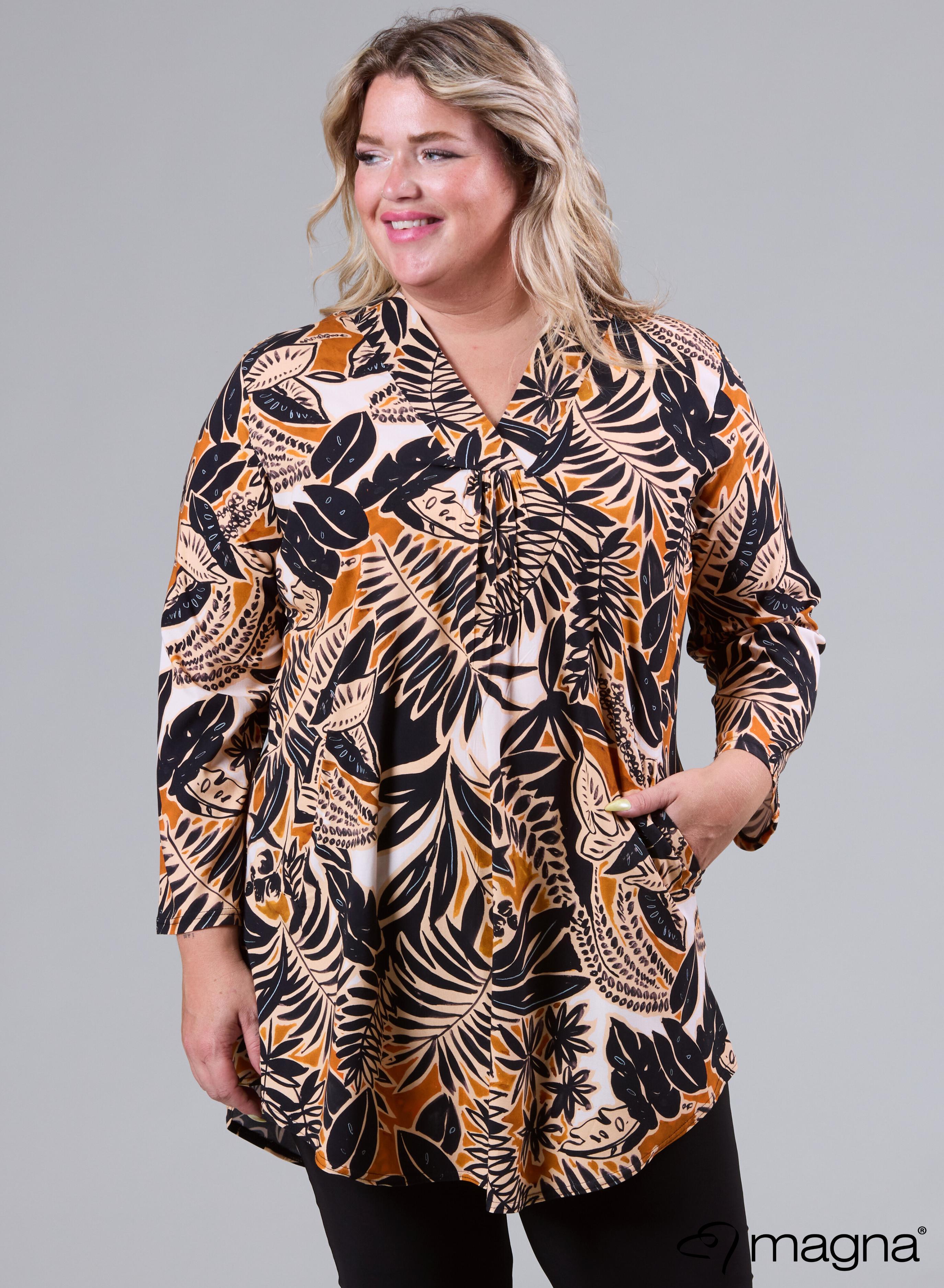 Magna A-line Flowy Tunic Blouse Jungle Print Camel