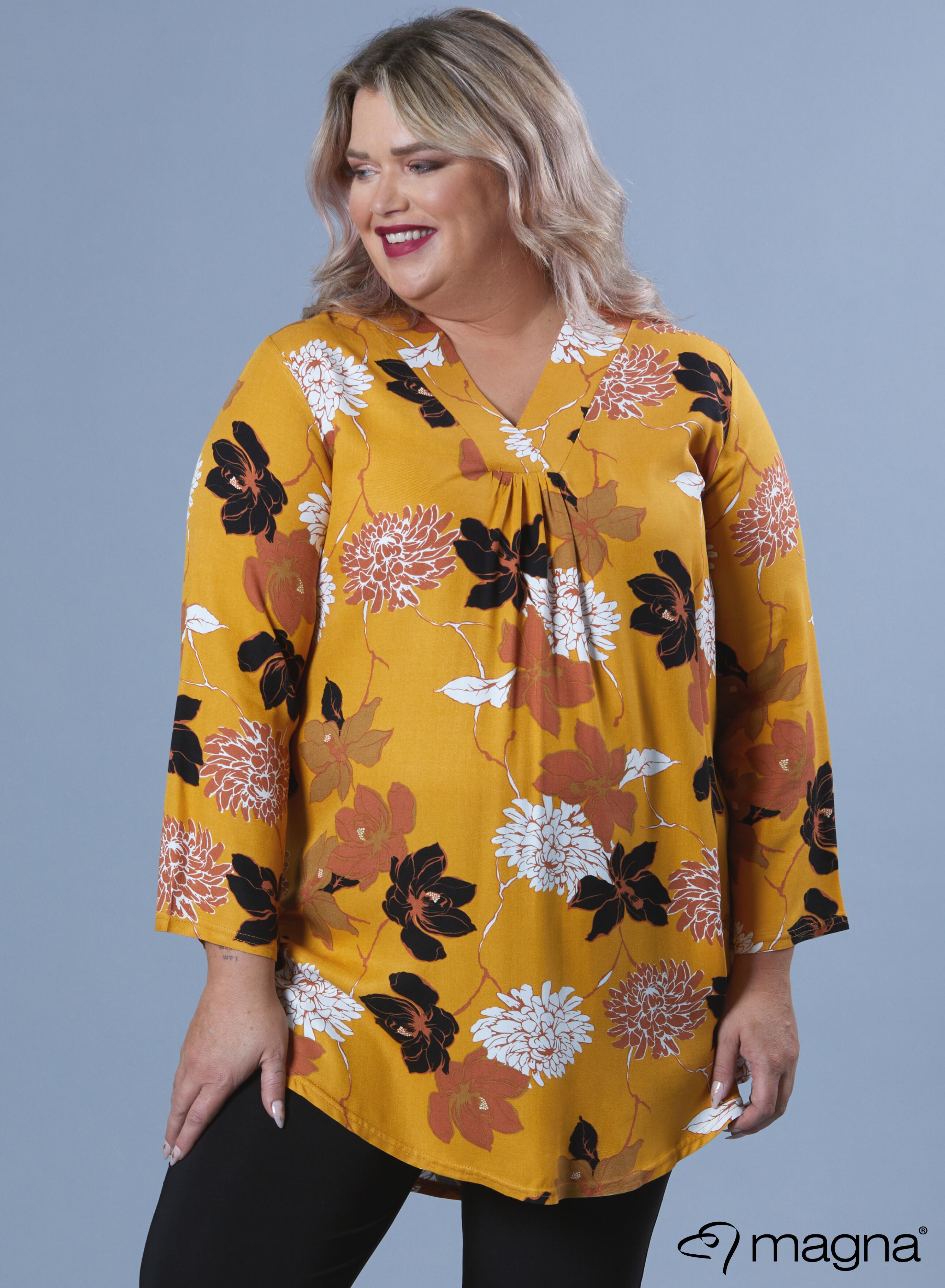 Magna A-line Flowy Tunic Blouse Traditional Flower Mustard