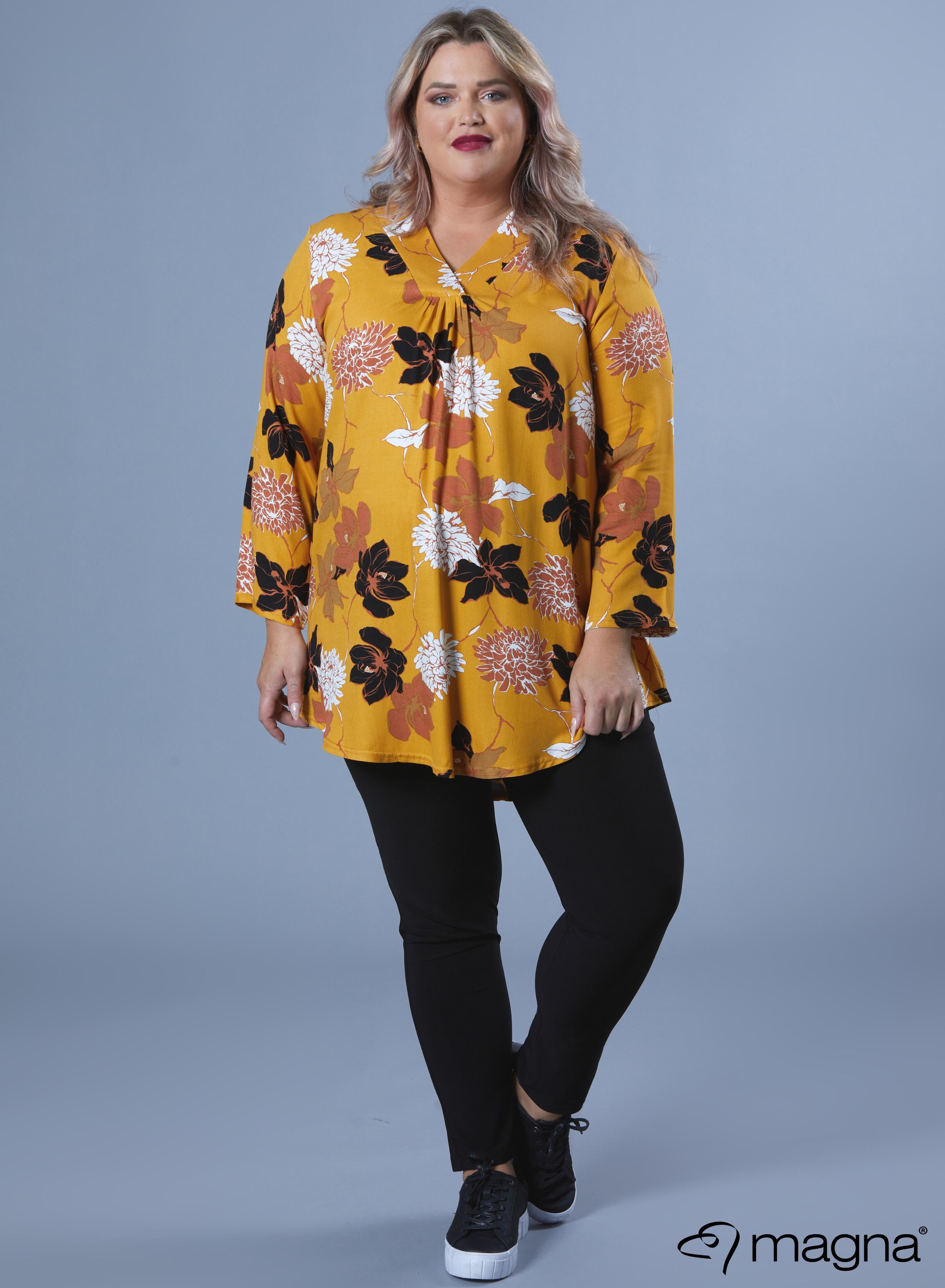 Magna A-line Flowy Tunic Blouse Traditional Flower Mustard