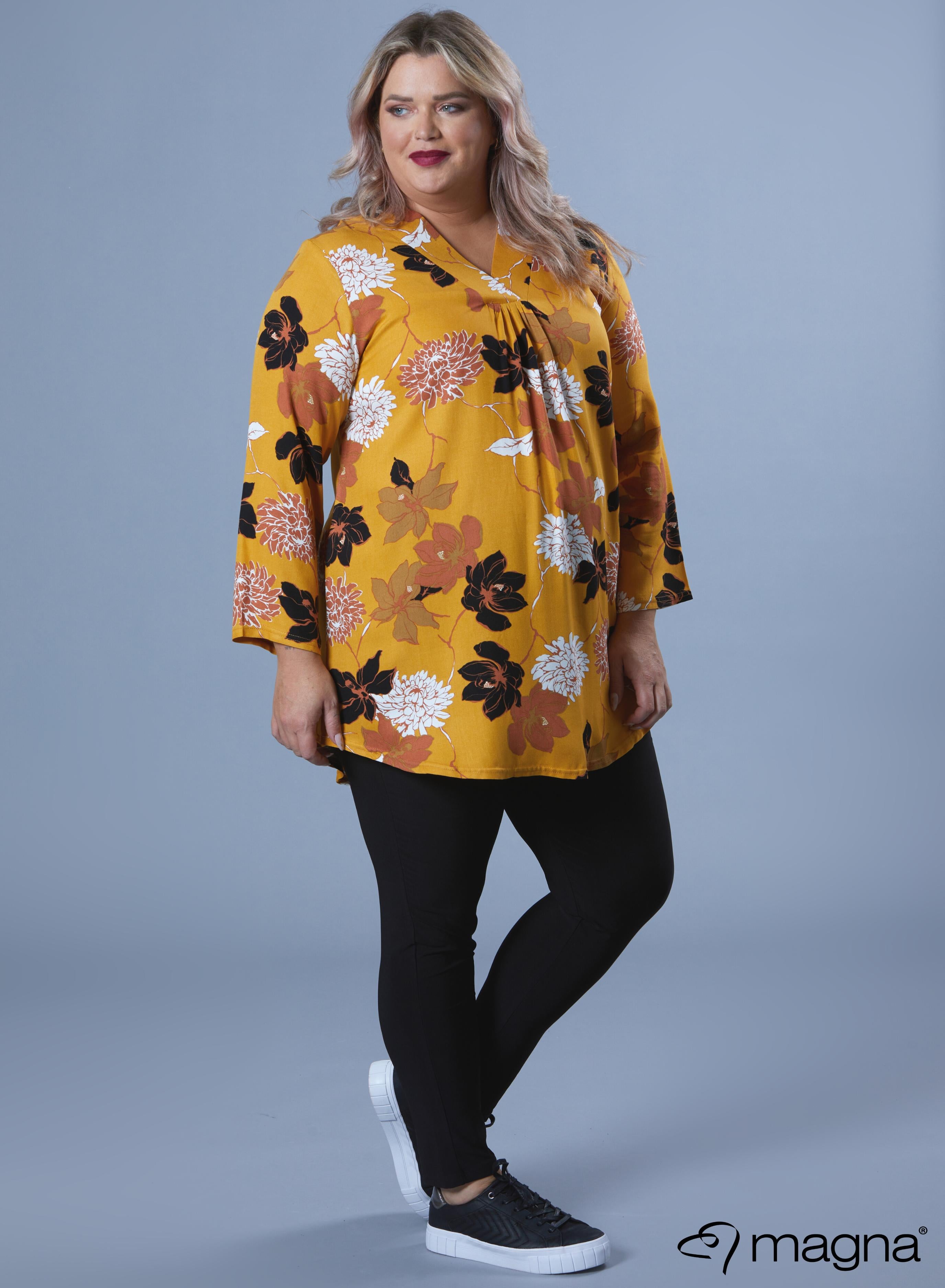 Magna A-line Flowy Tunic Blouse Traditional Flower Mustard