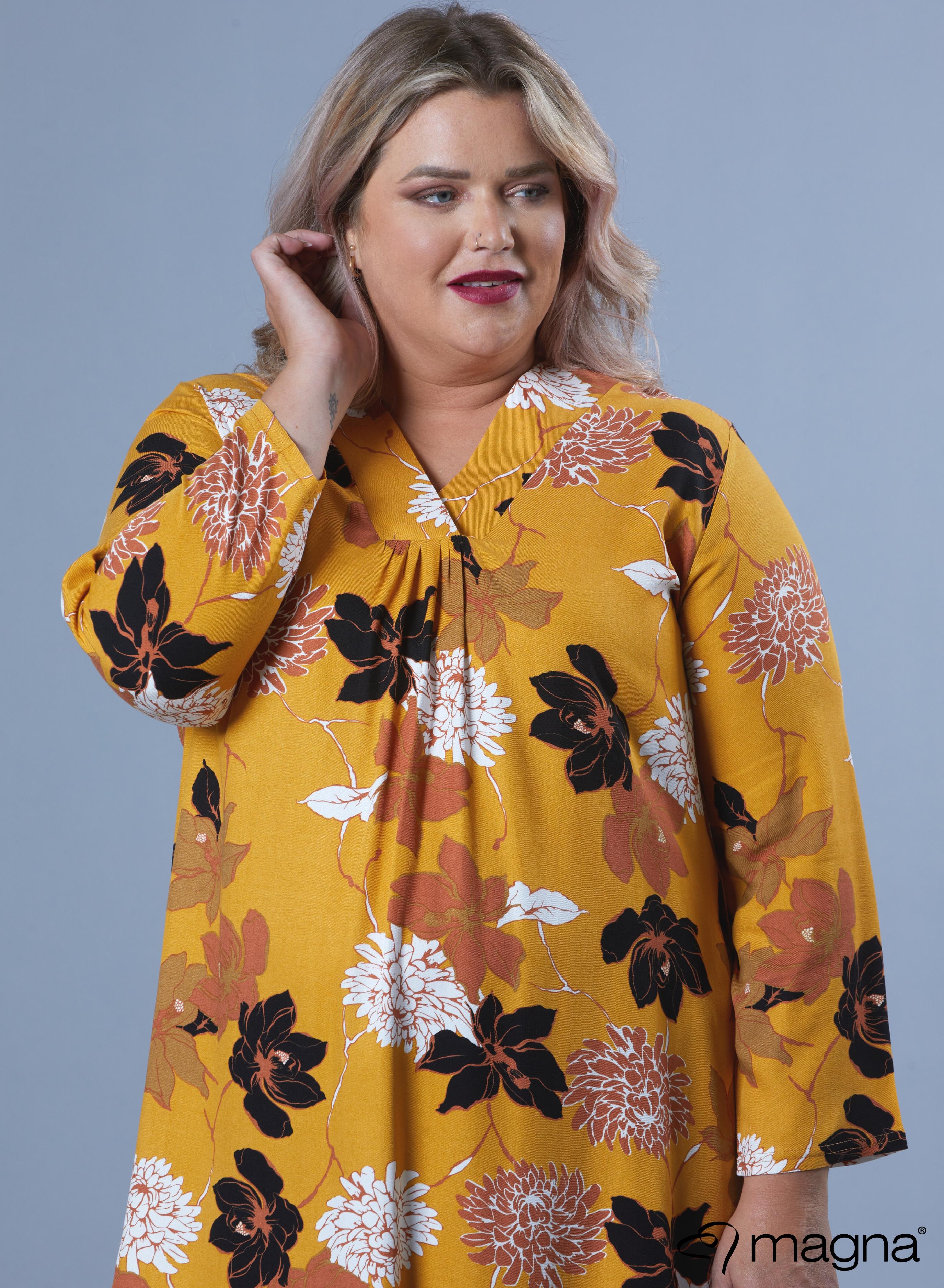 Magna A-line Flowy Tunic Blouse Traditional Flower Mustard