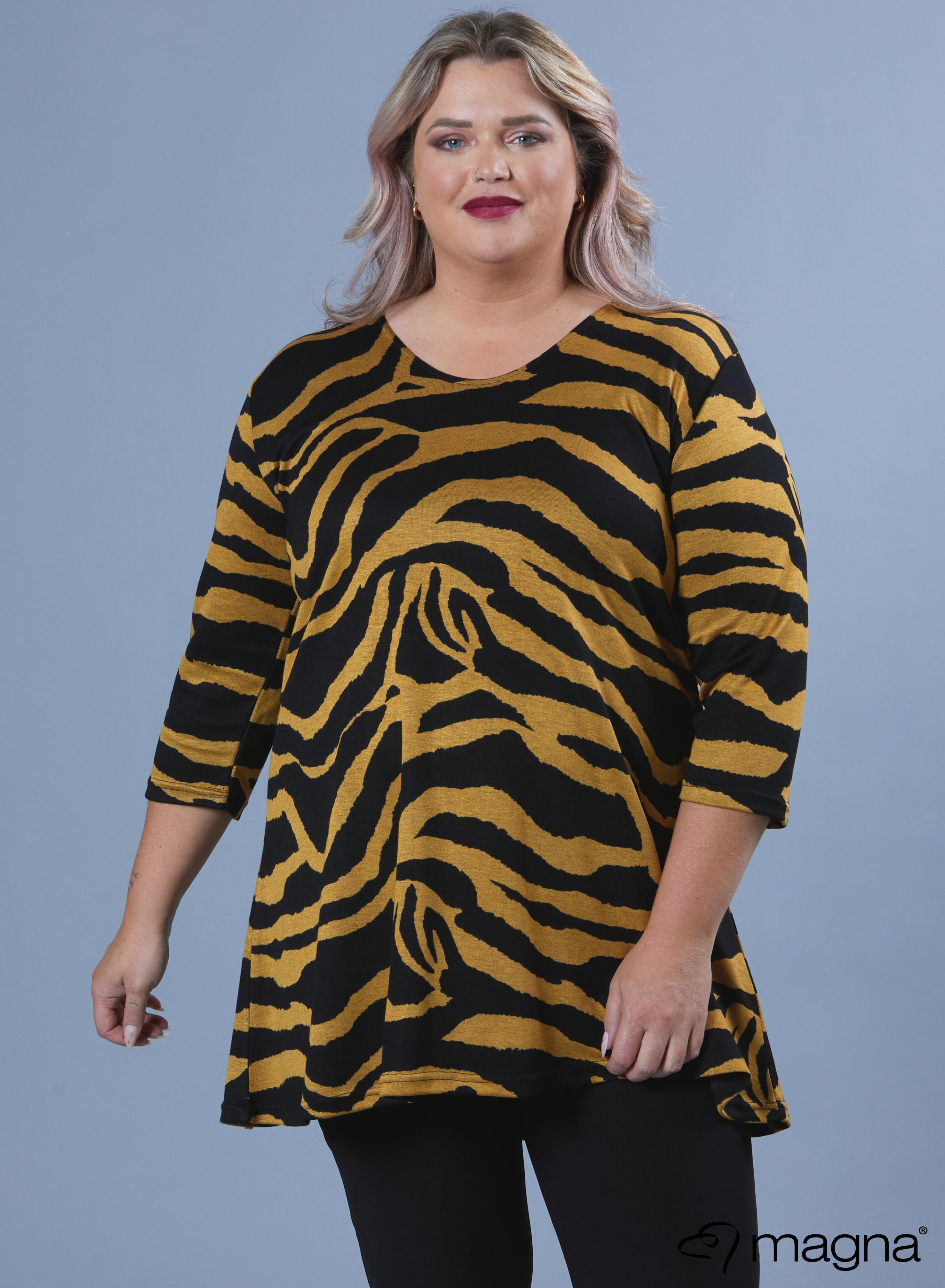 Magna Warm A-line Long Shirt / Tunic Zebra Mustard Print