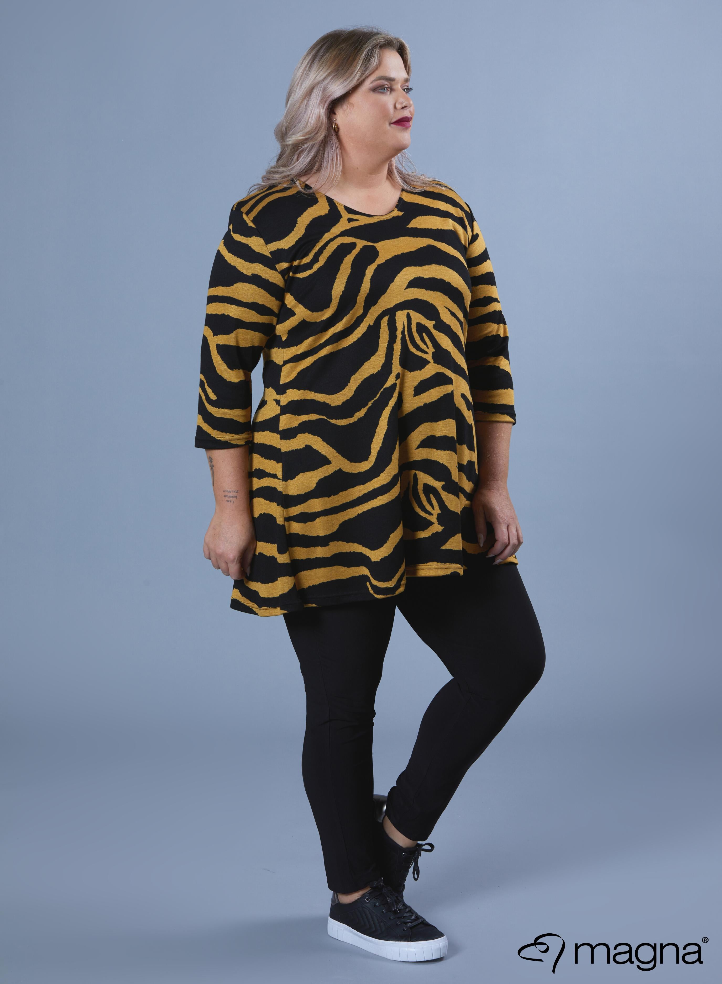 Magna Warm A-line Long Shirt / Tunic Zebra Mustard Print