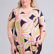 Magna A-line Long Shirt / Tunic Art Leaves Lime Coral