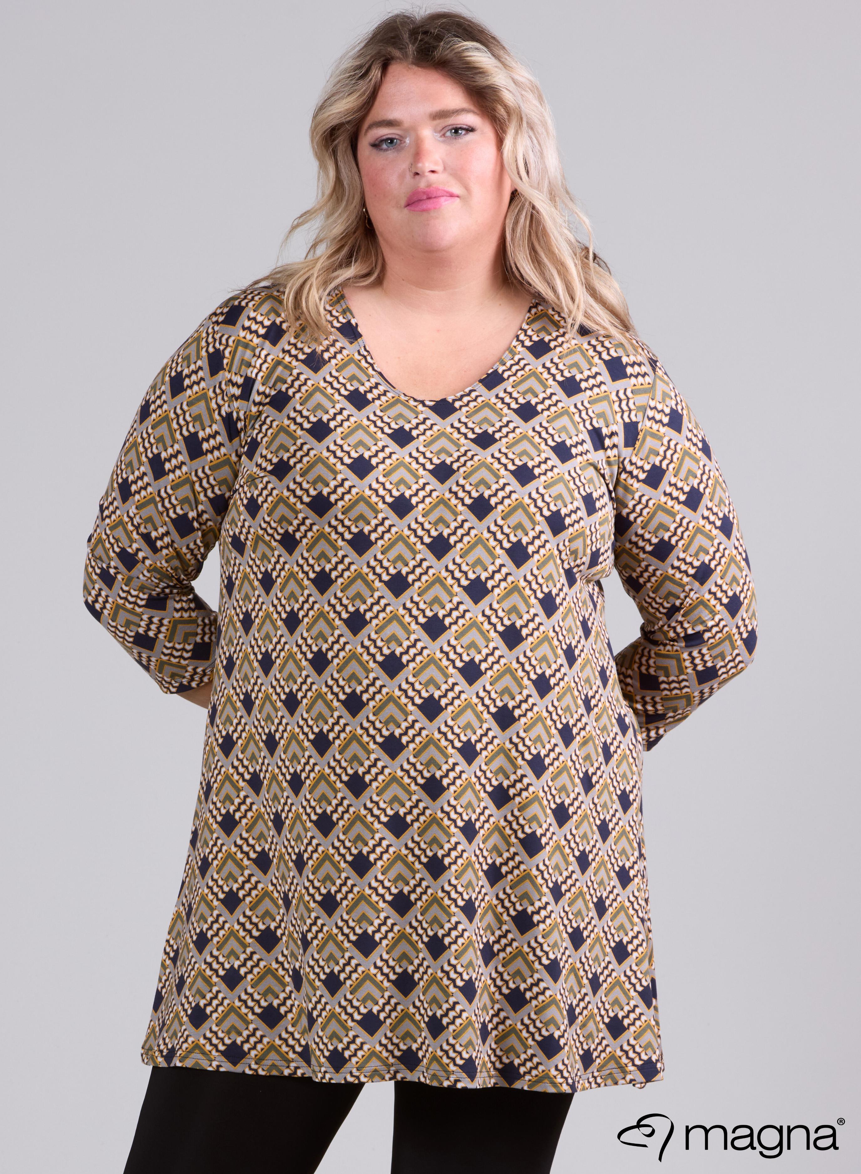 Magna A-line Long Shirt / Tunic Triangle Geometric Print Ochre