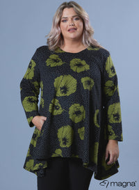 Magna Warm Generous Pocket Tunic Lime Flower Dots Print