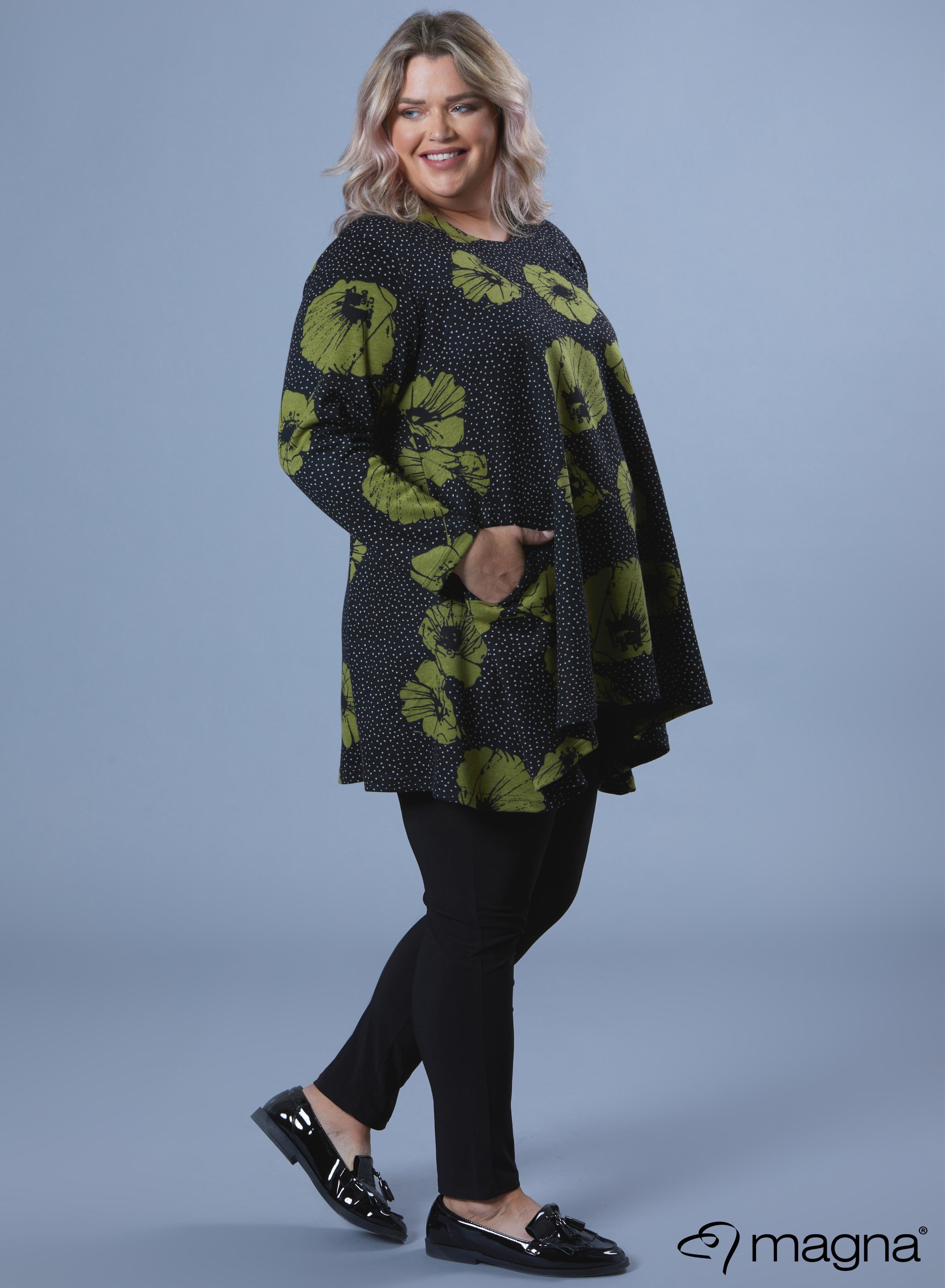 Magna Warm Generous Pocket Tunic Lime Flower Dots Print