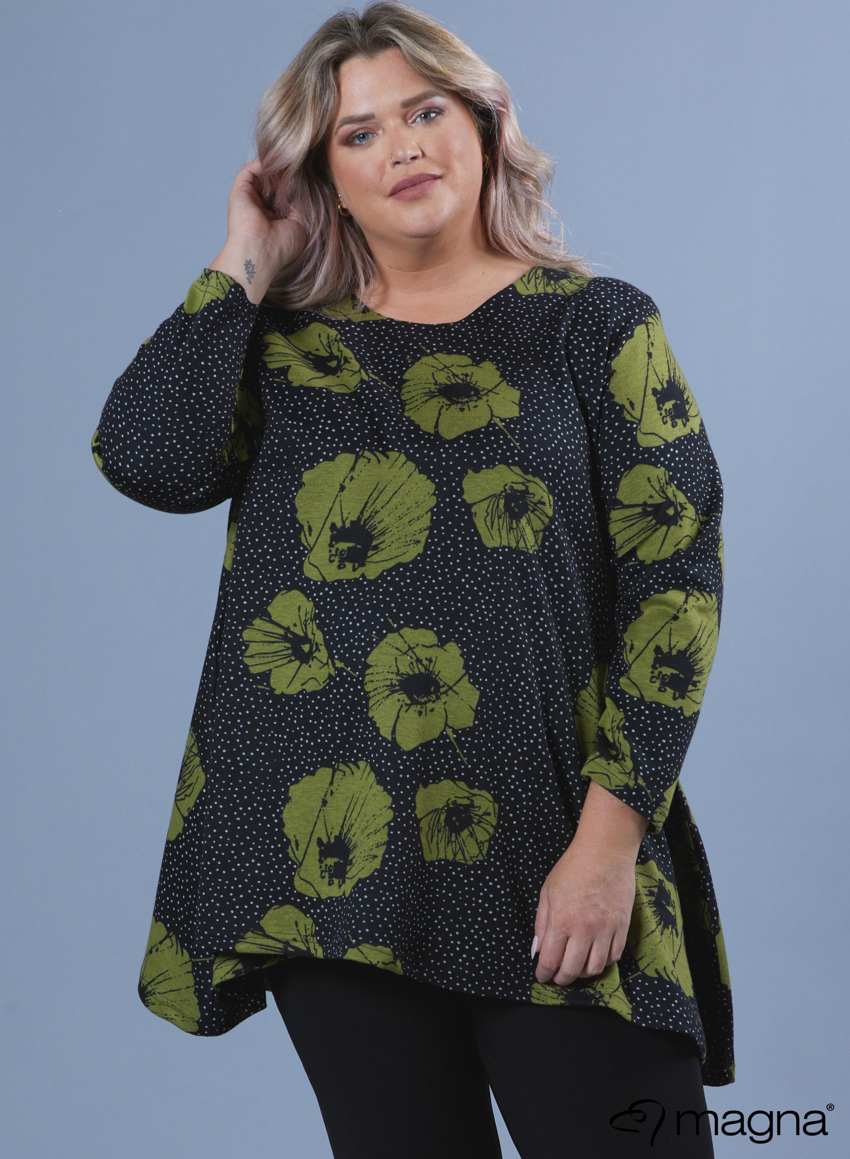 Magna Warm Generous Pocket Tunic Lime Flower Dots Print