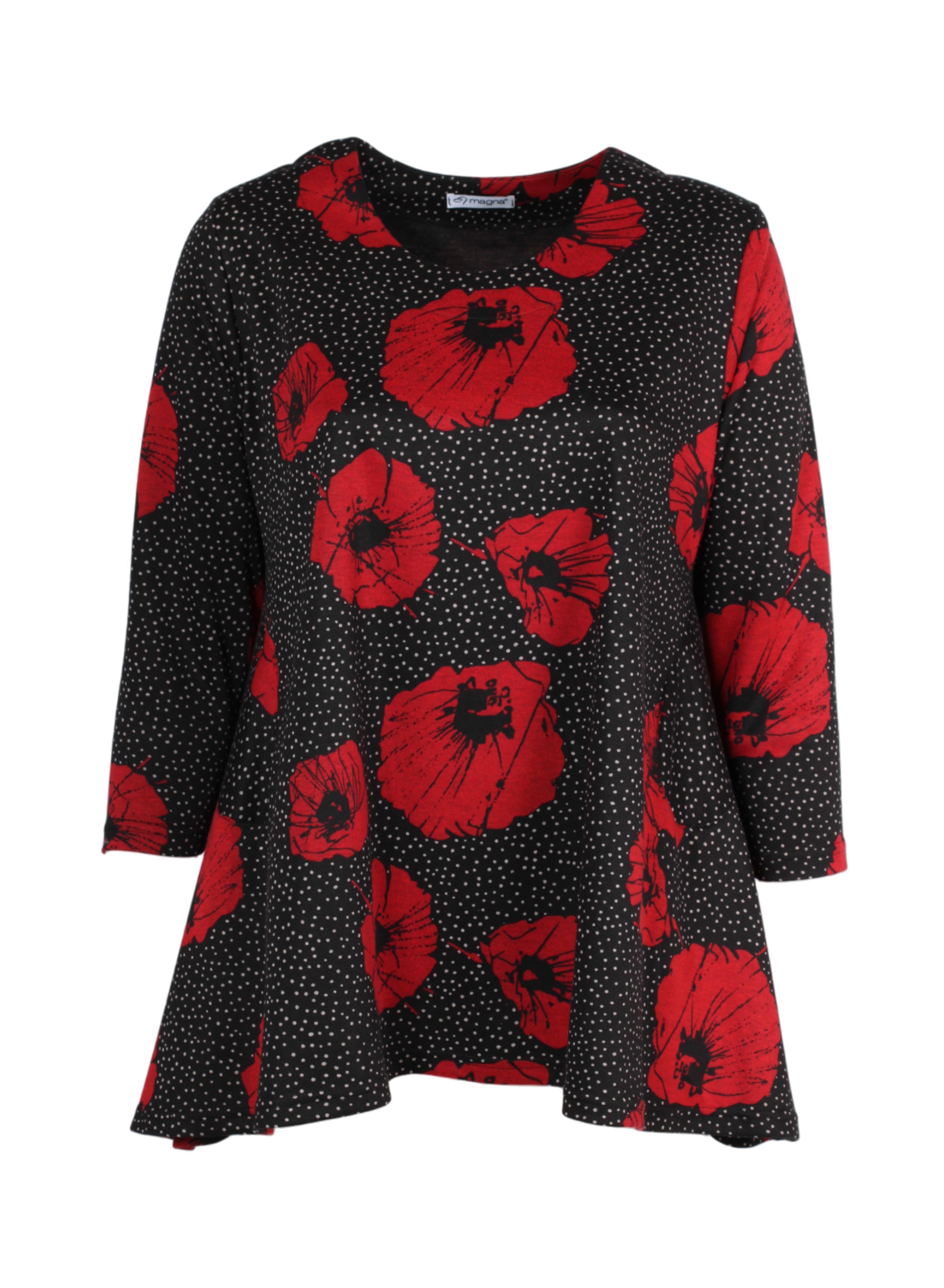 Magna Warm Generous Pocket Tunic Red Flower Dots Print