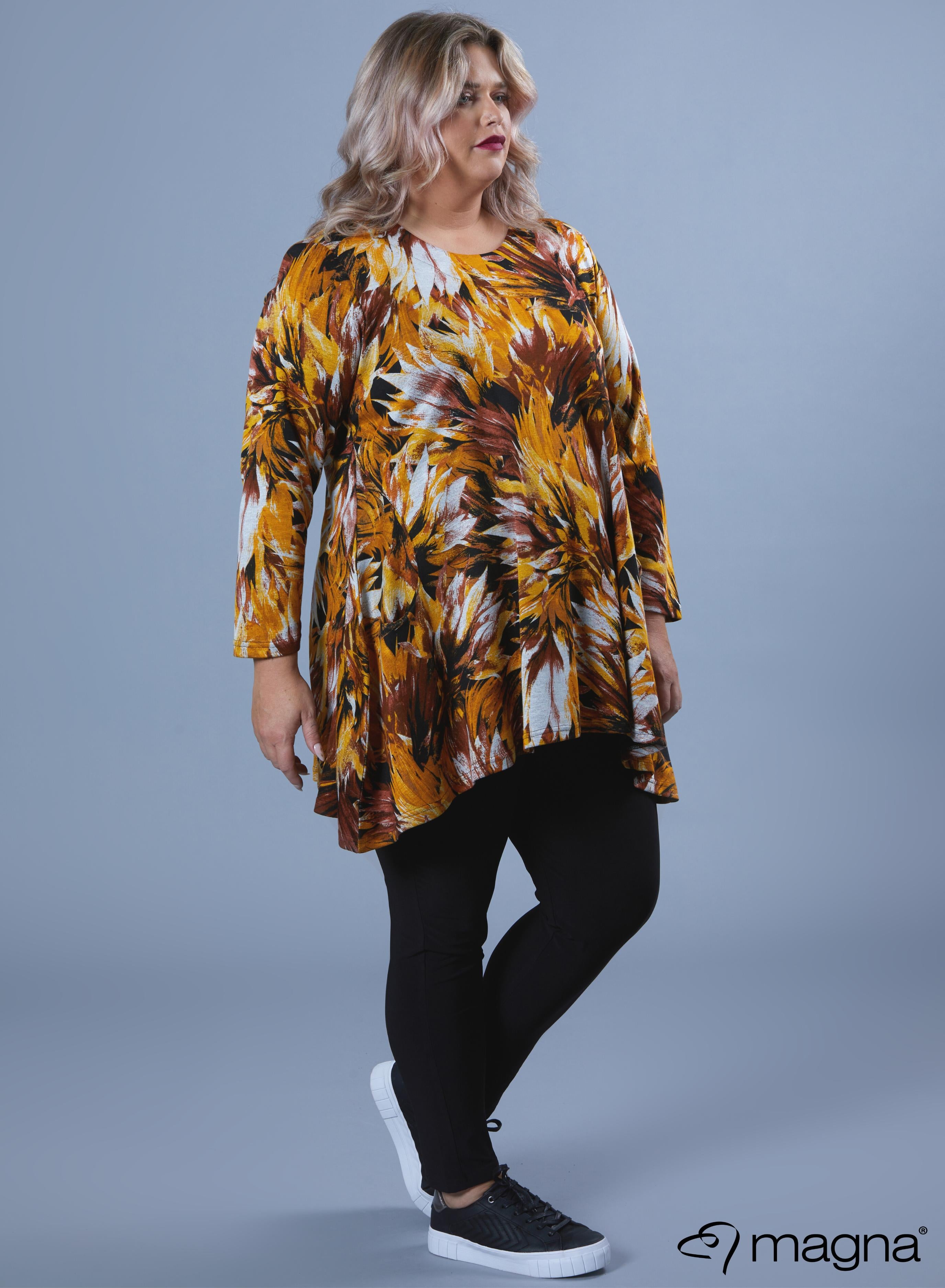 Magna Warm Generous Pocket Tunic Flower Mustard Print