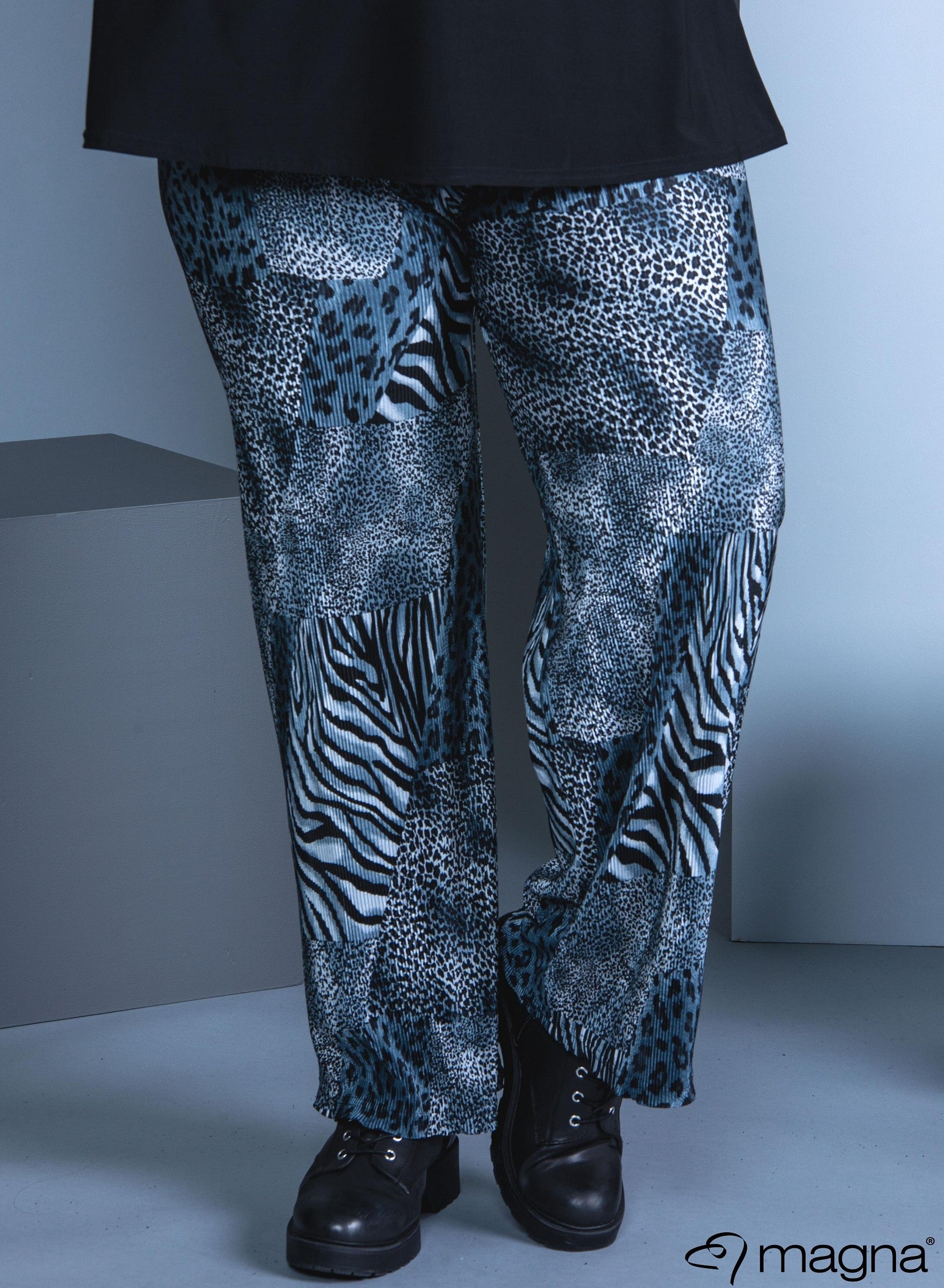 Magna Pleated Wide Leg Elastic Trouser Animal Print Grey