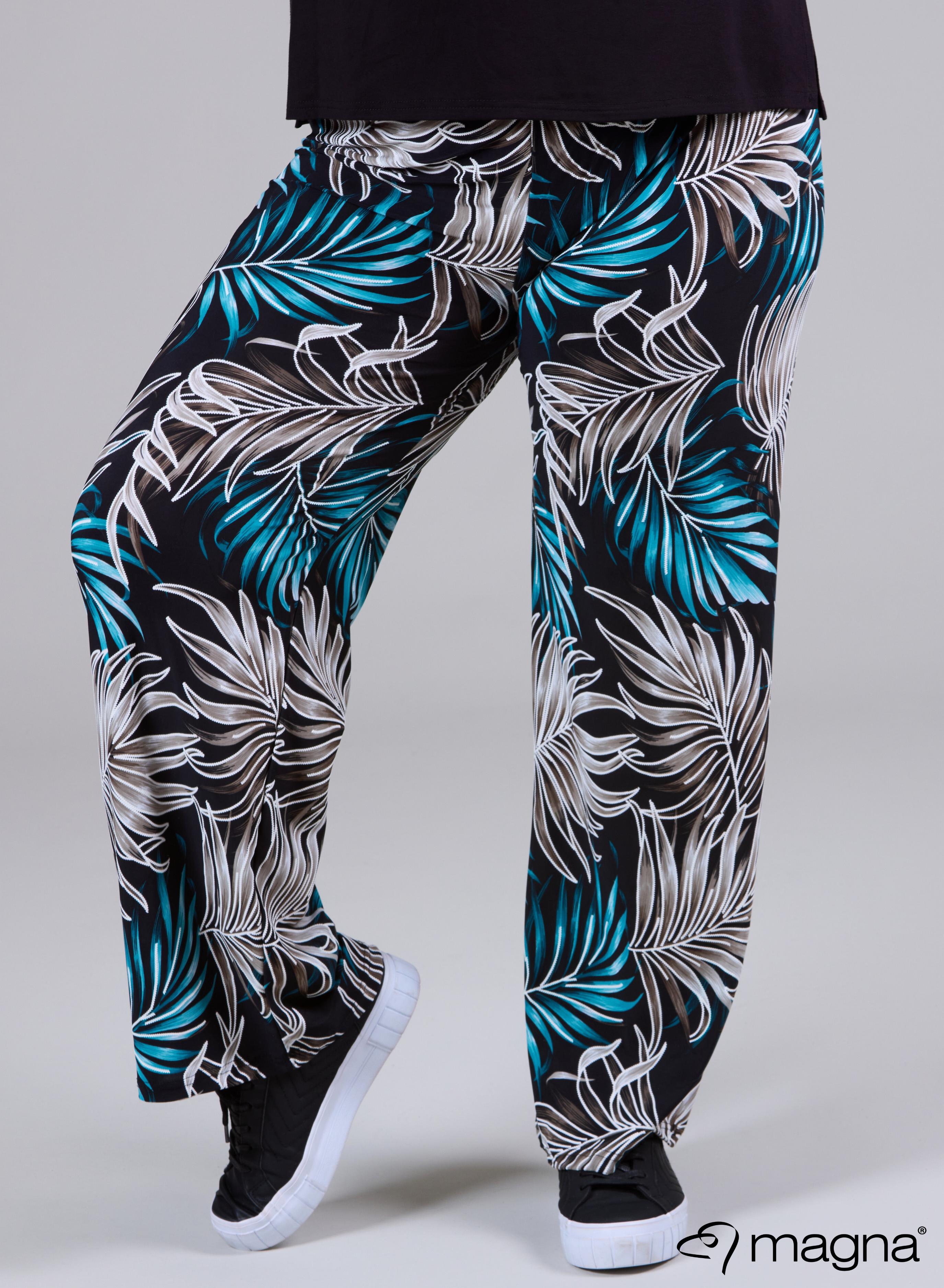 Magna Wide Leg Elastic Trouser Palm Print Petrol