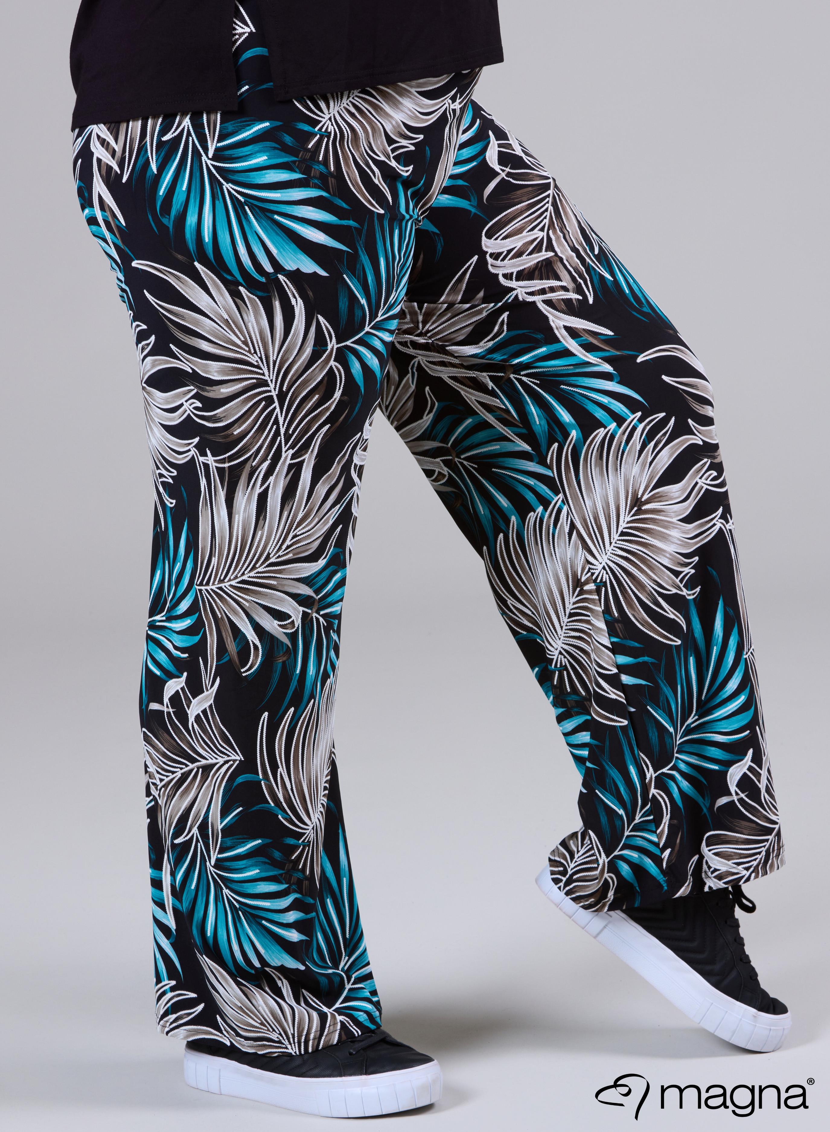 Magna Wide Leg Elastic Trouser Palm Print Petrol