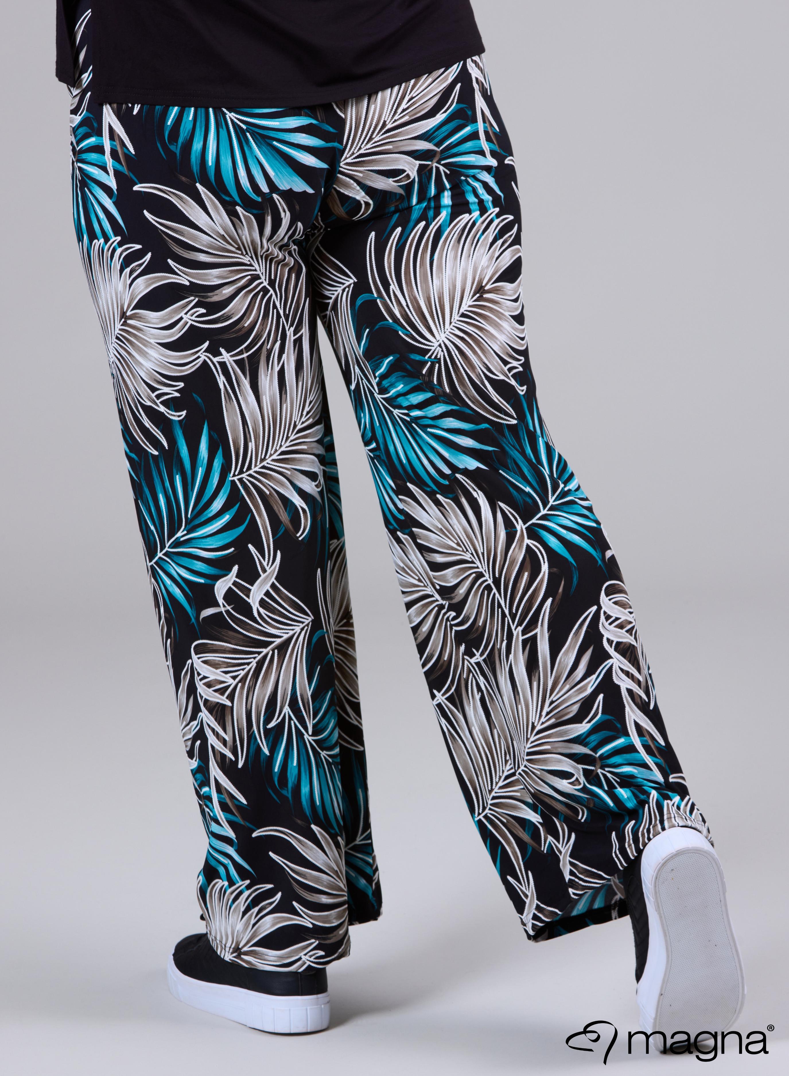 Magna Wide Leg Elastic Trouser Palm Print Petrol