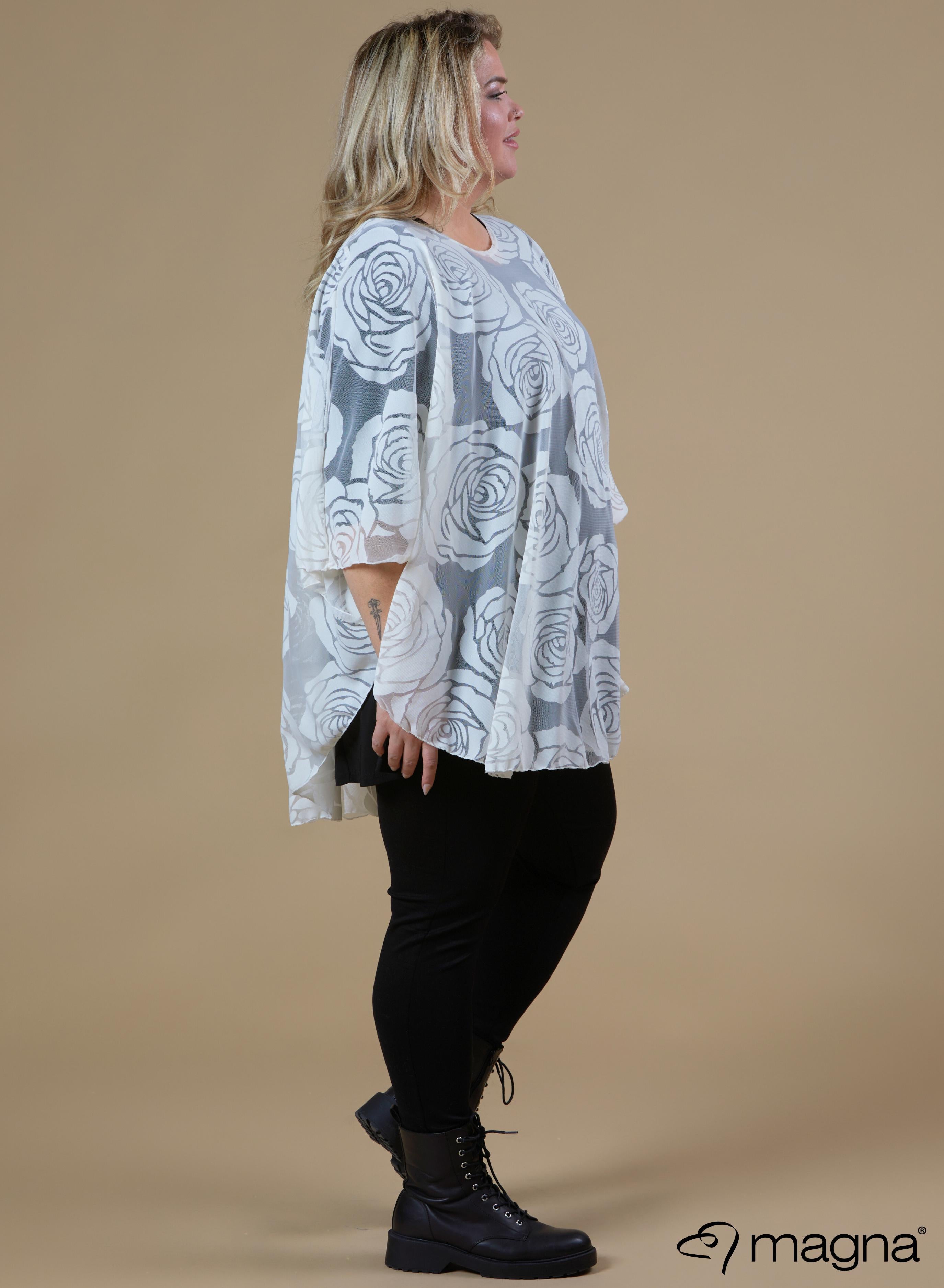 Magna Burnout Roses Print Poncho Ivory White