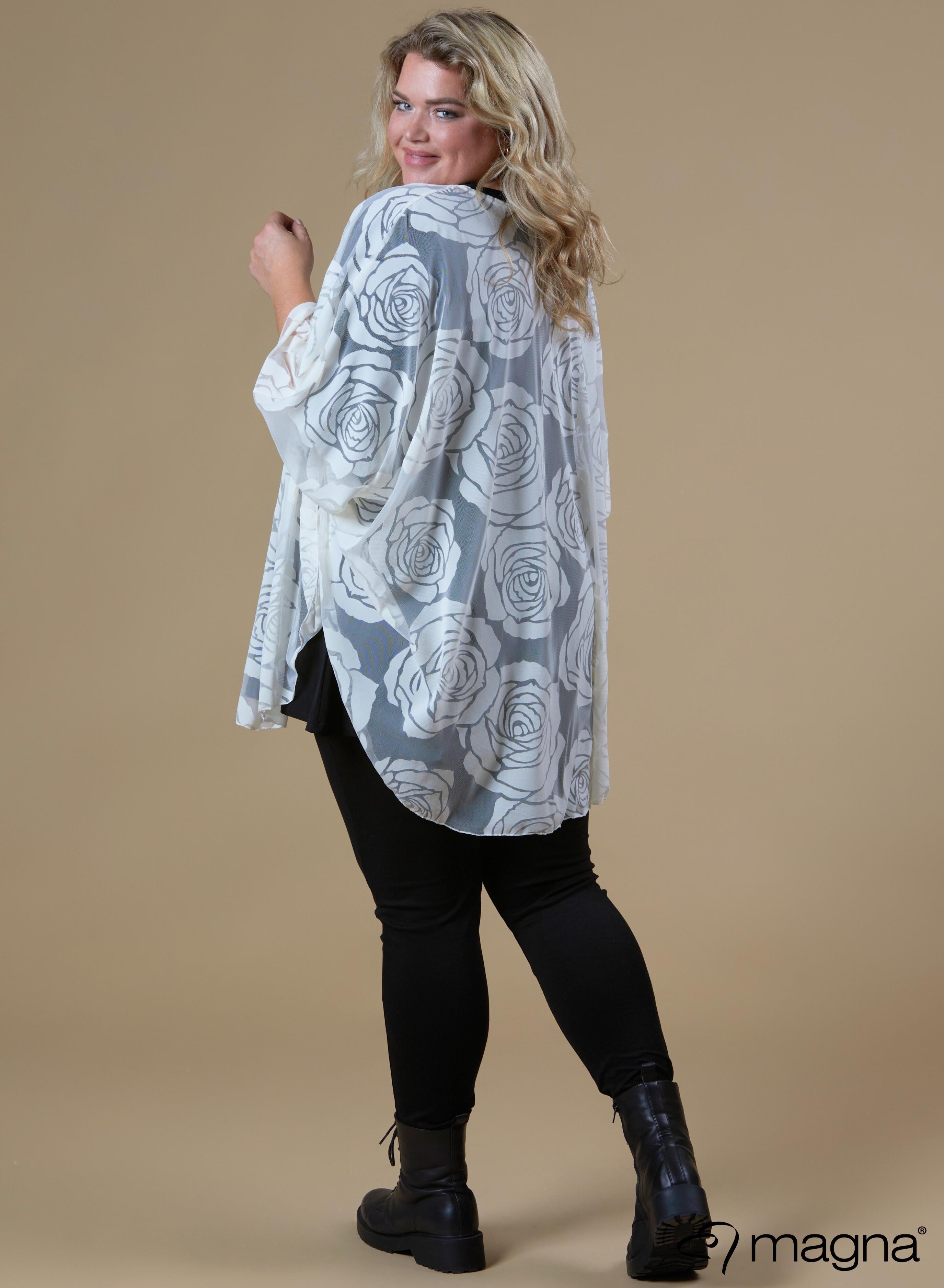 Magna Burnout Roses Print Poncho Ivory White