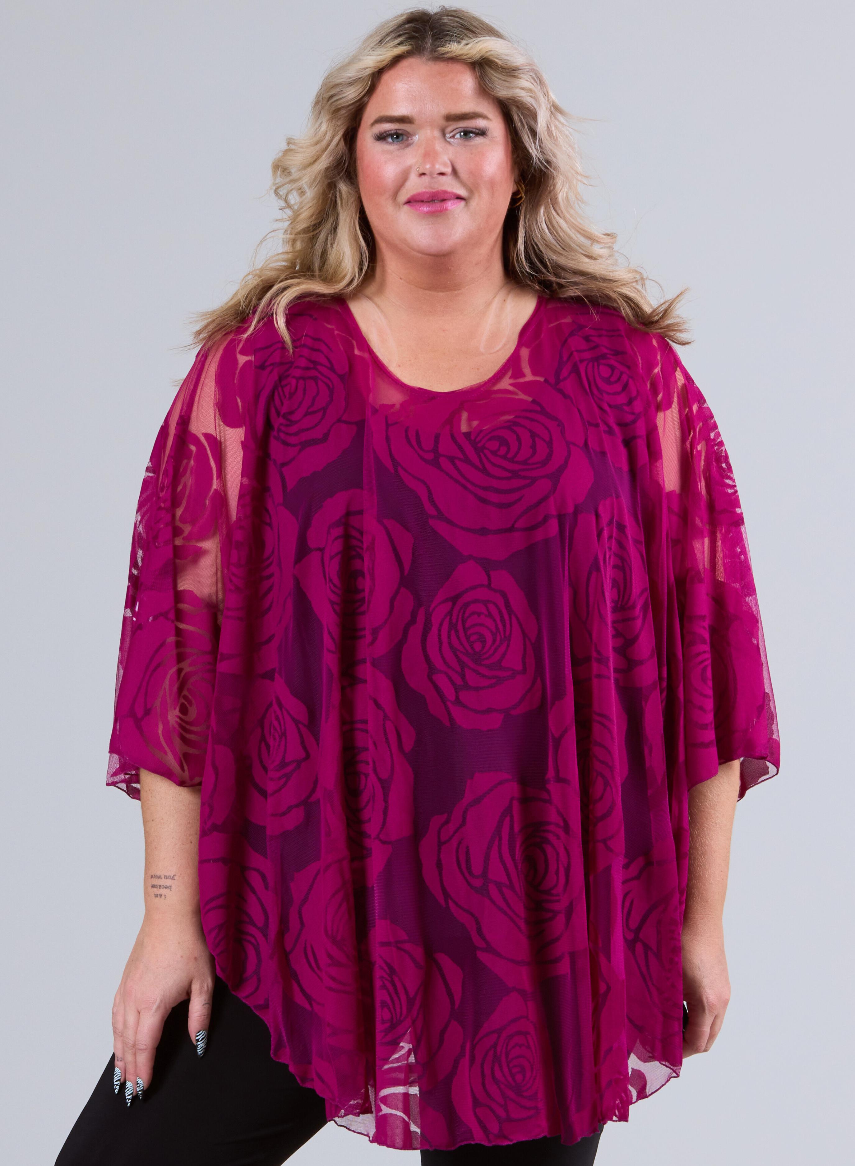 Magna Burnout Roses Print Poncho Dark Fuchsia