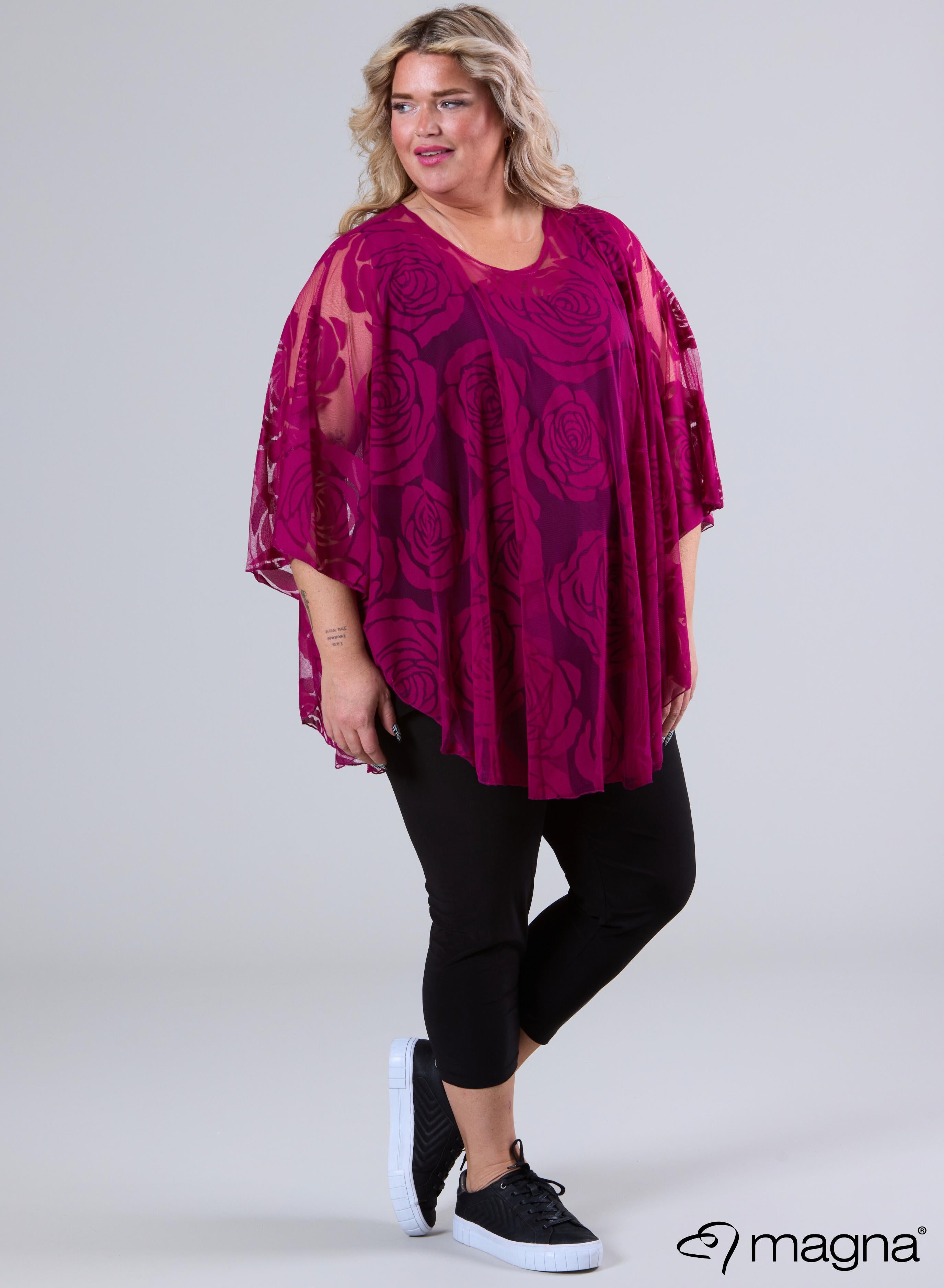 Magna Burnout Roses Print Poncho Dark Fuchsia