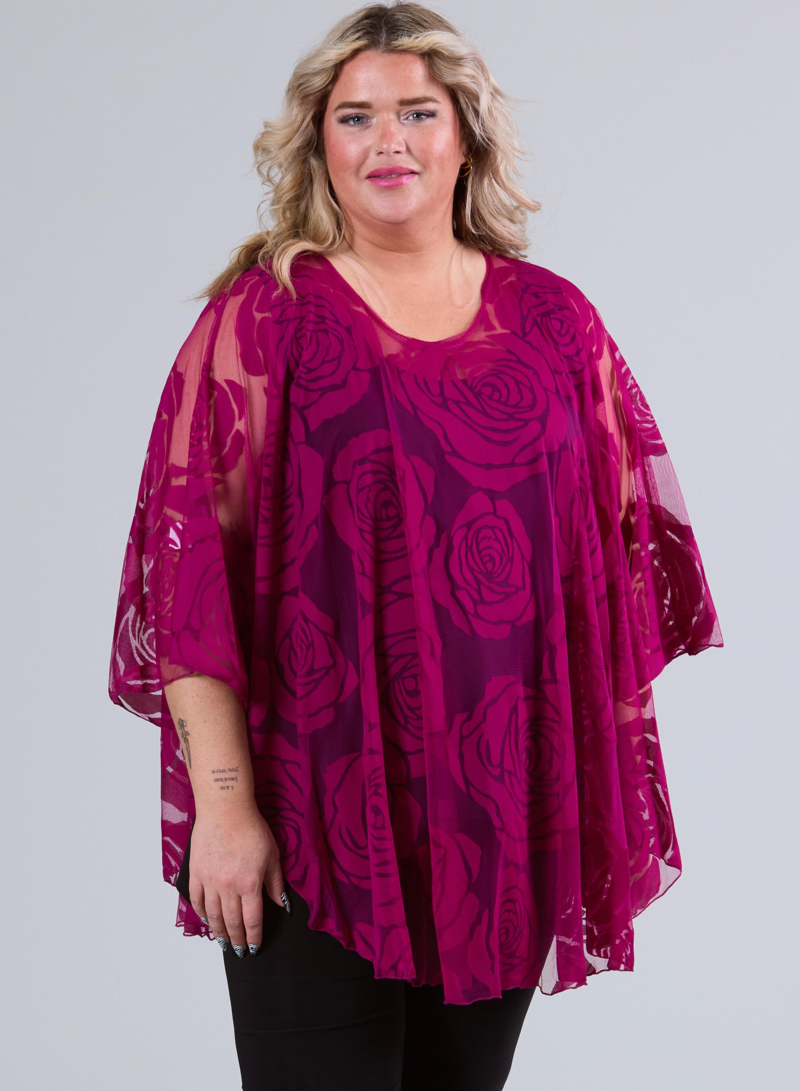 Magna Burnout Roses Print Poncho Dark Fuchsia