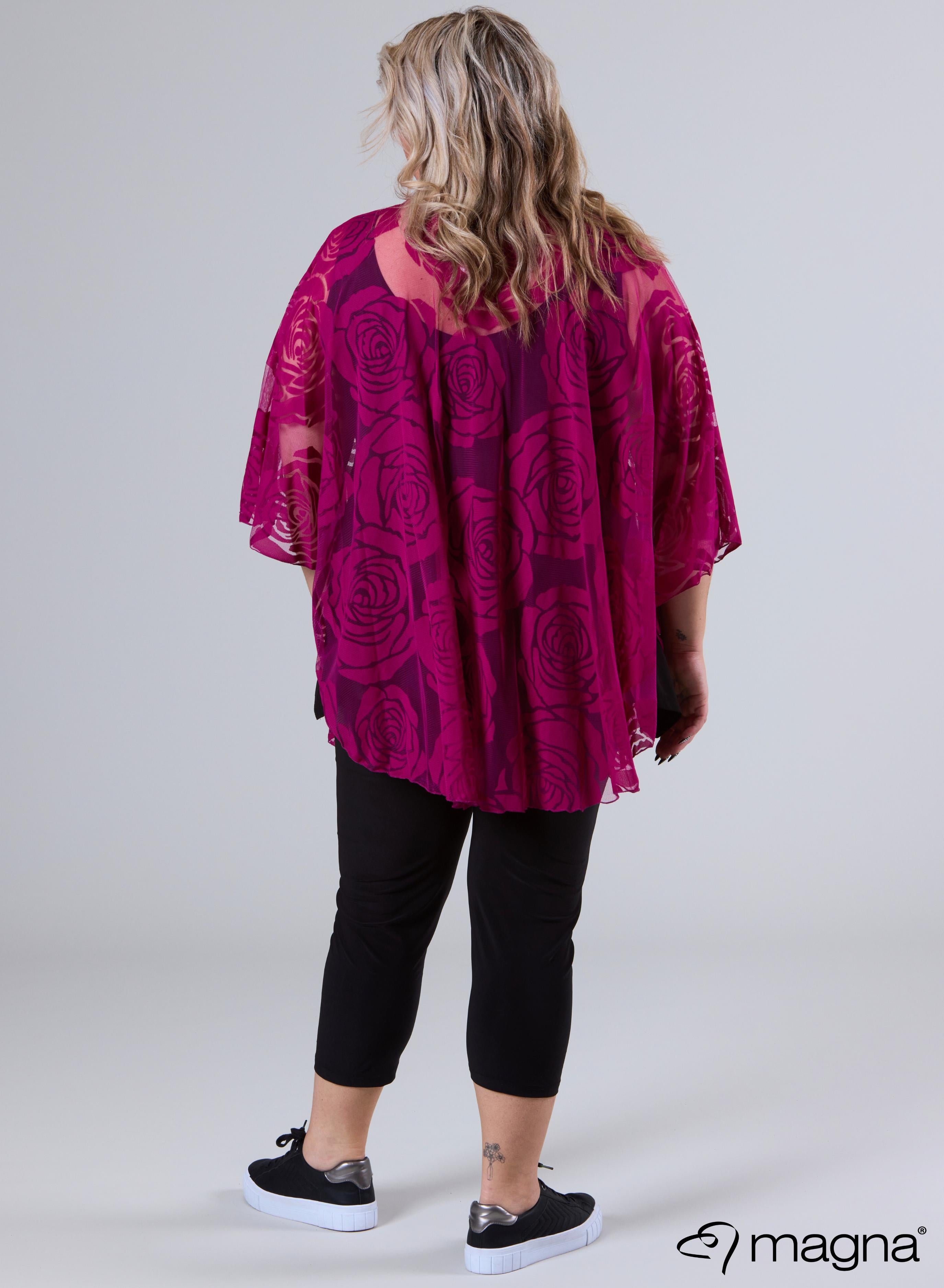 Magna Burnout Roses Print Poncho Dark Fuchsia