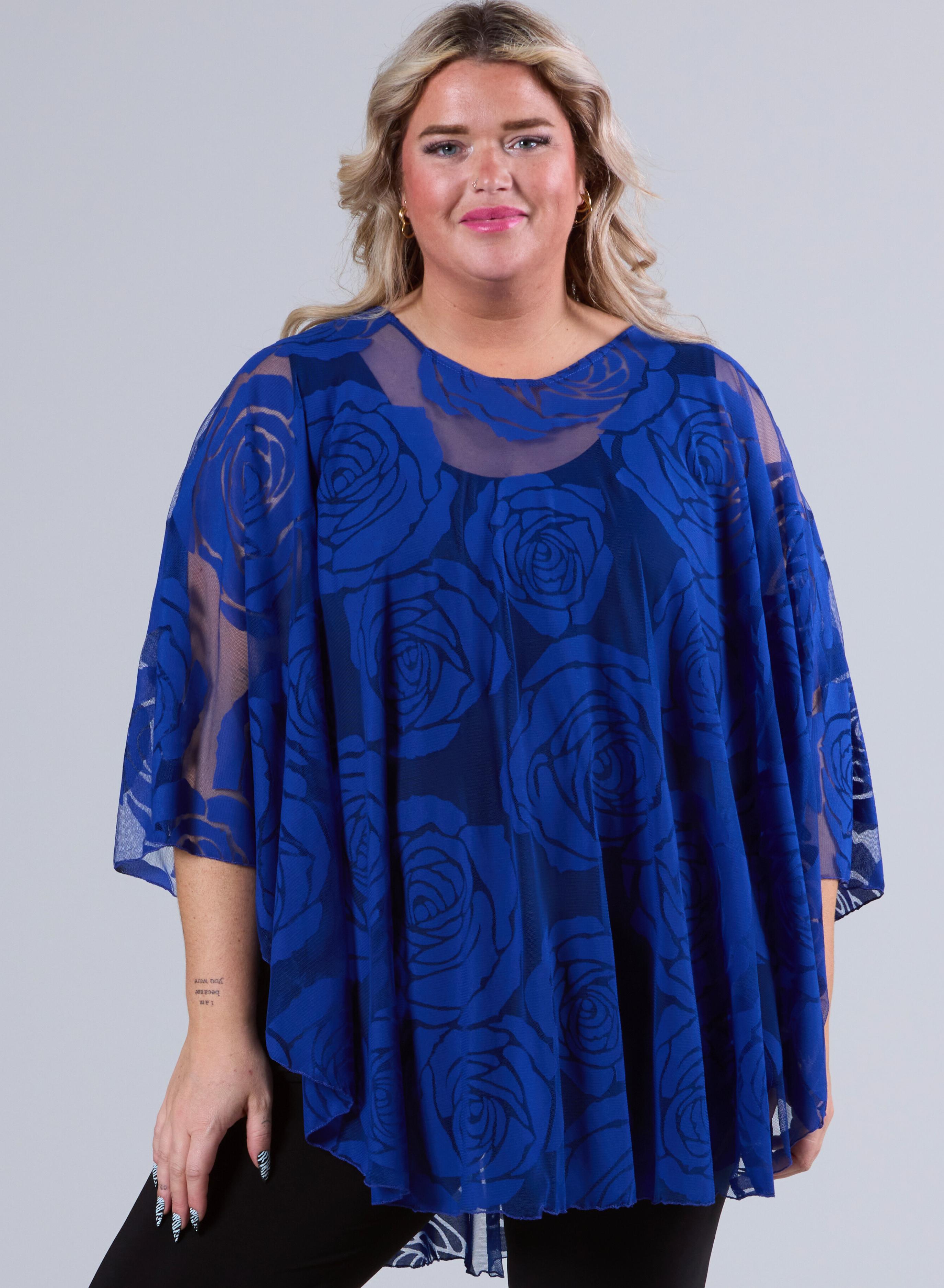 Magna Burnout Roses Print Poncho Royal Blue