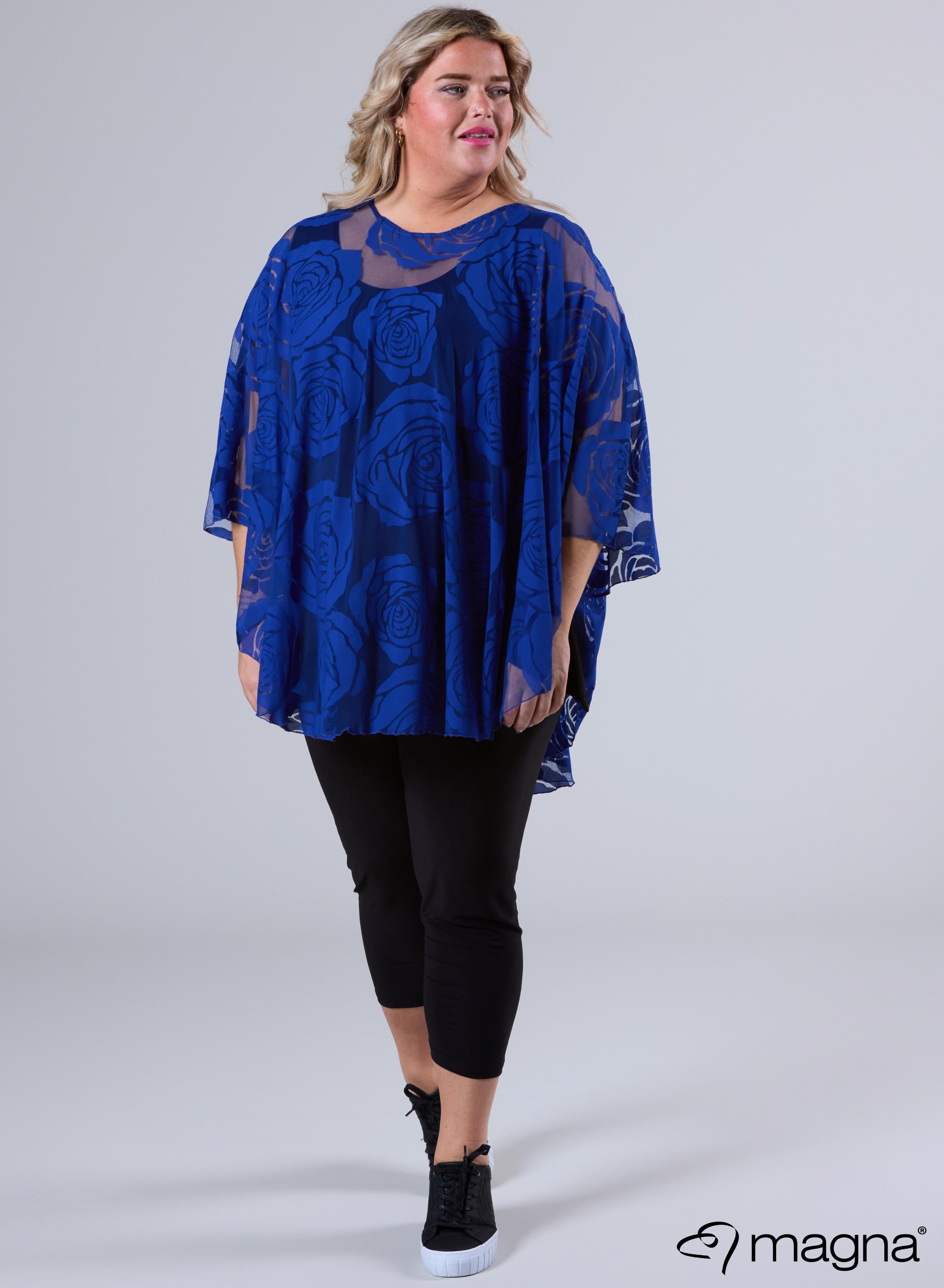 Magna Burnout Roses Print Poncho Royal Blue