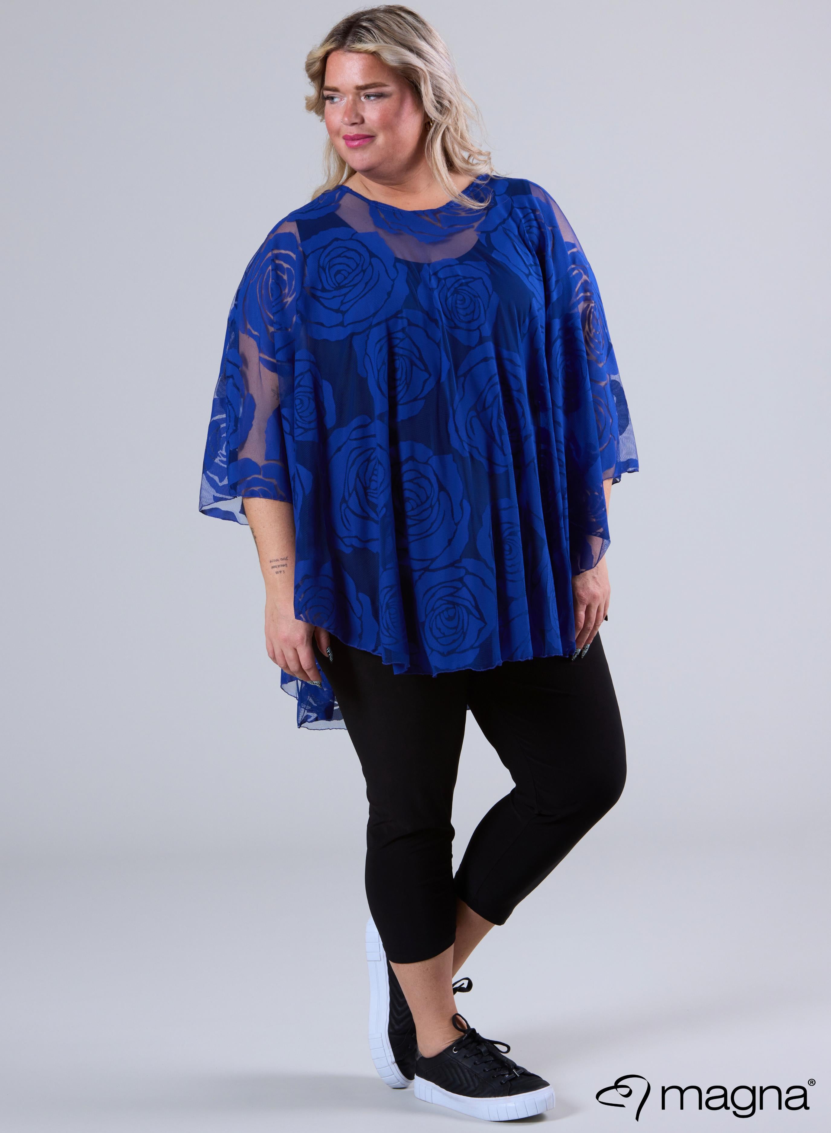 Magna Burnout Roses Print Poncho Royal Blue