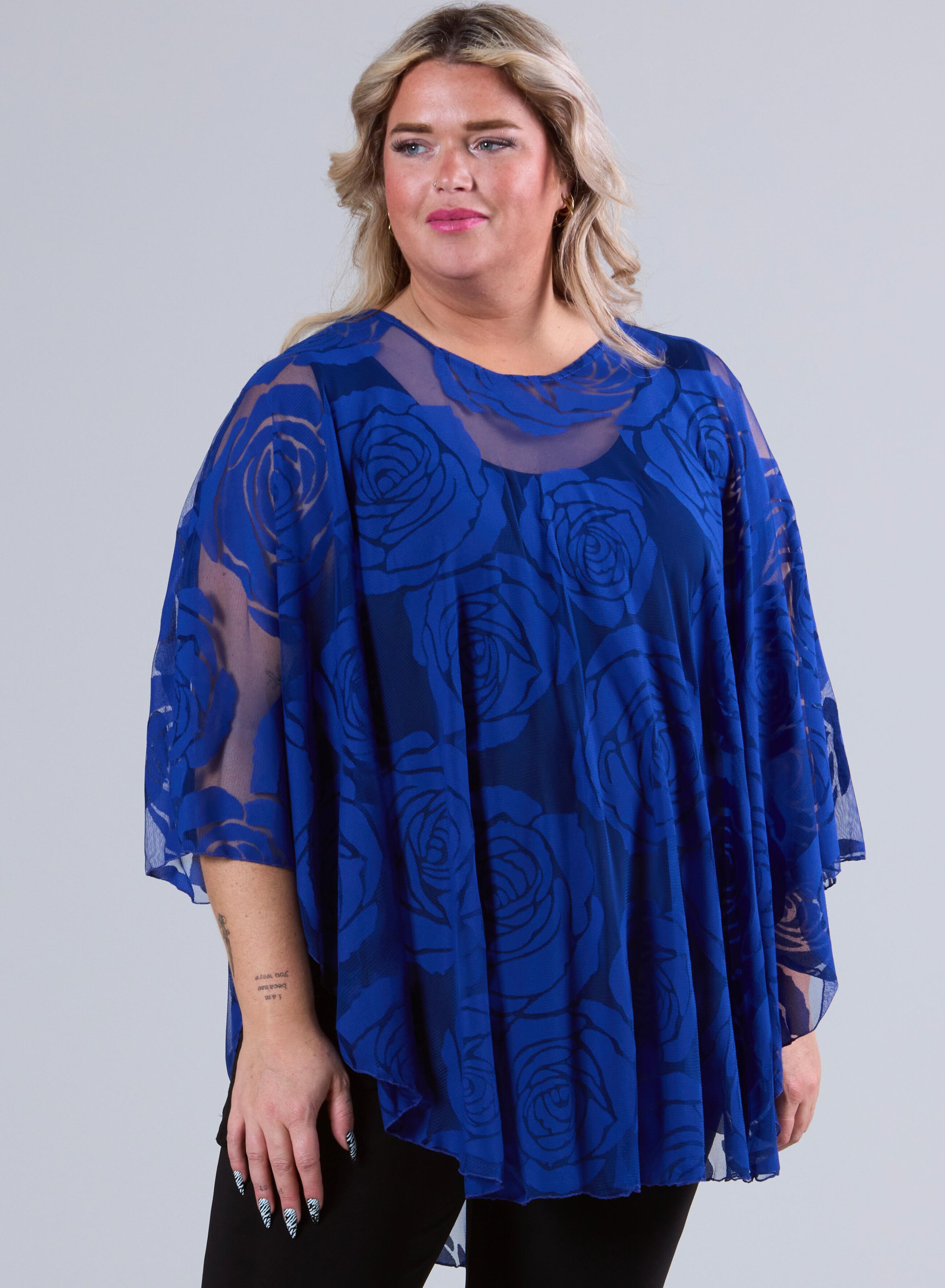 Magna Burnout Roses Print Poncho Royal Blue