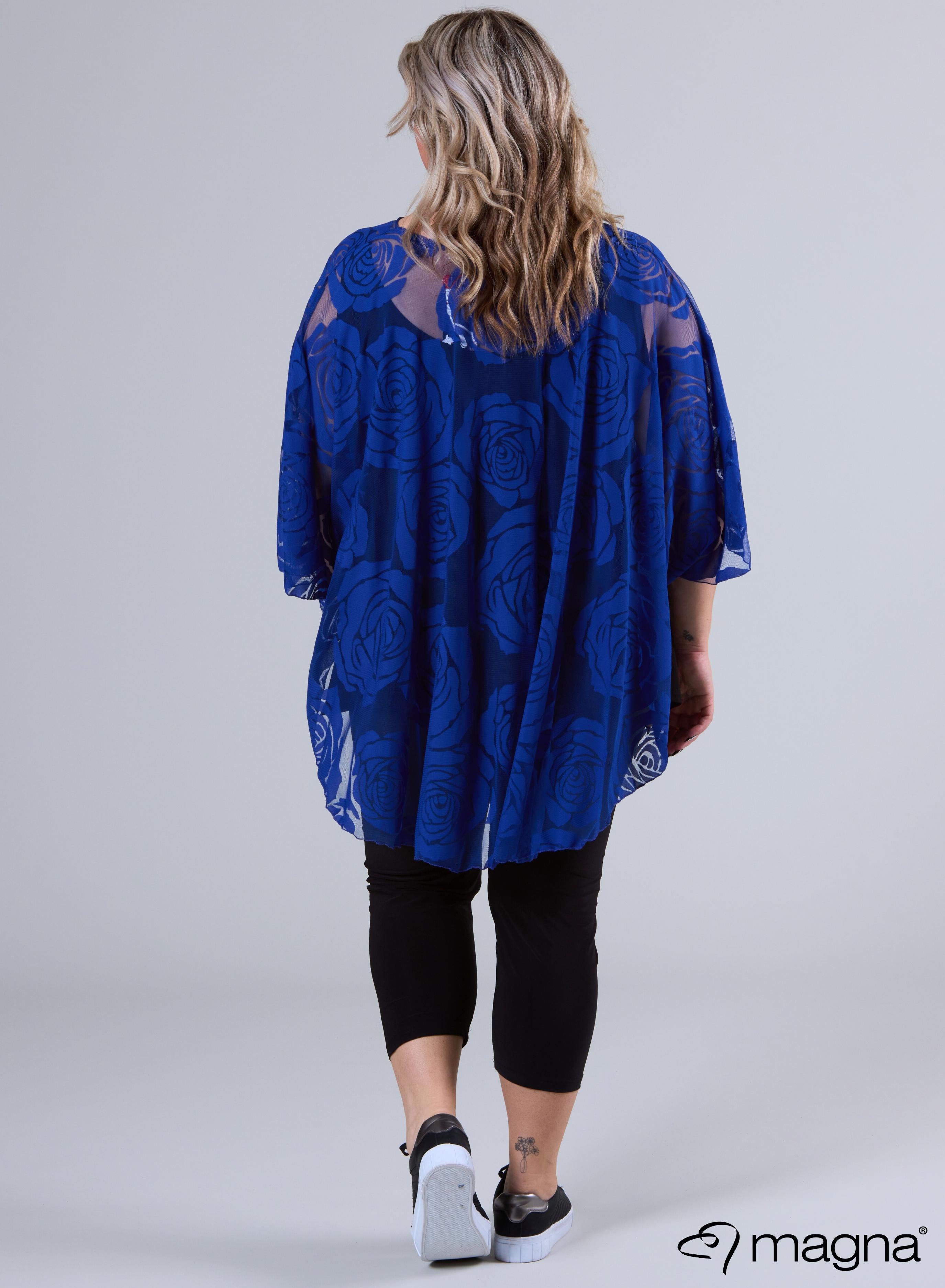 Magna Burnout Roses Print Poncho Royal Blue