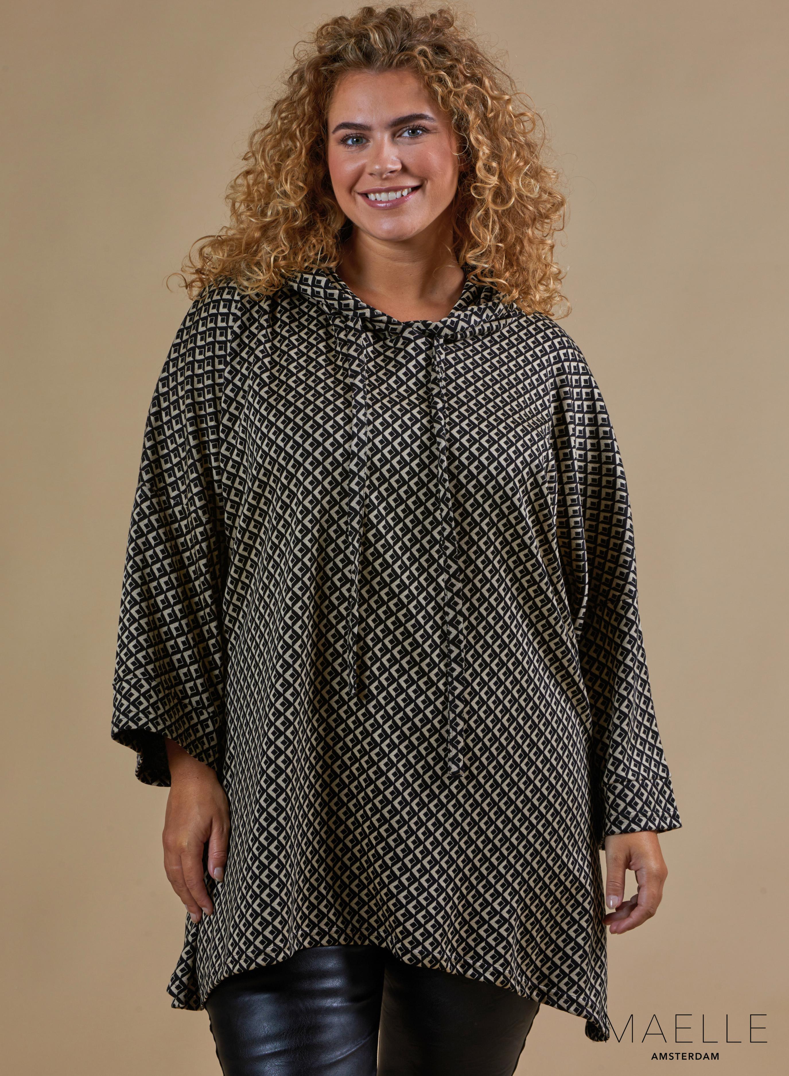 Maelle Warm Tunic Hoody Squared Pattern Taupe