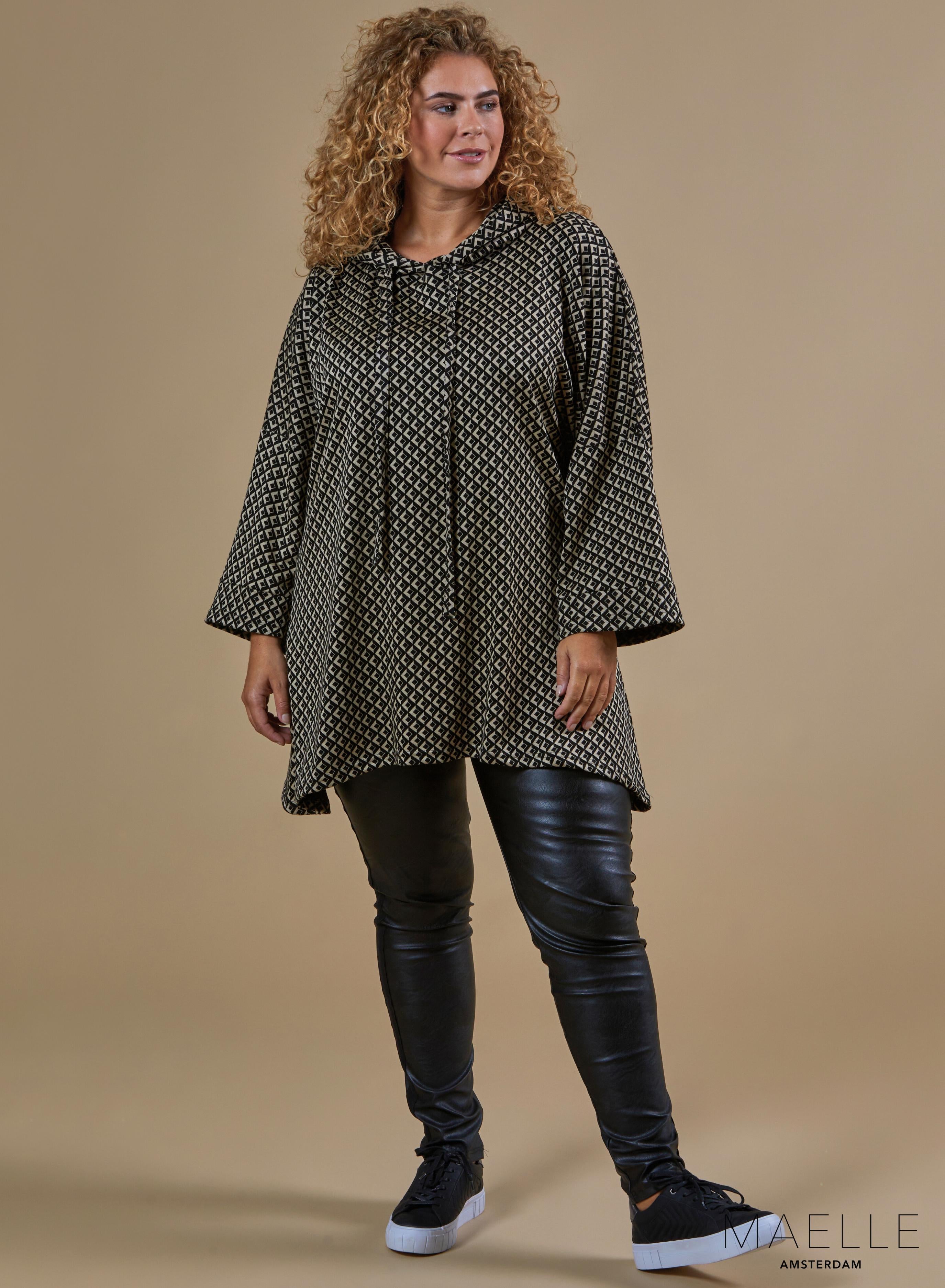 Maelle Warm Tunic Hoody Squared Pattern Taupe