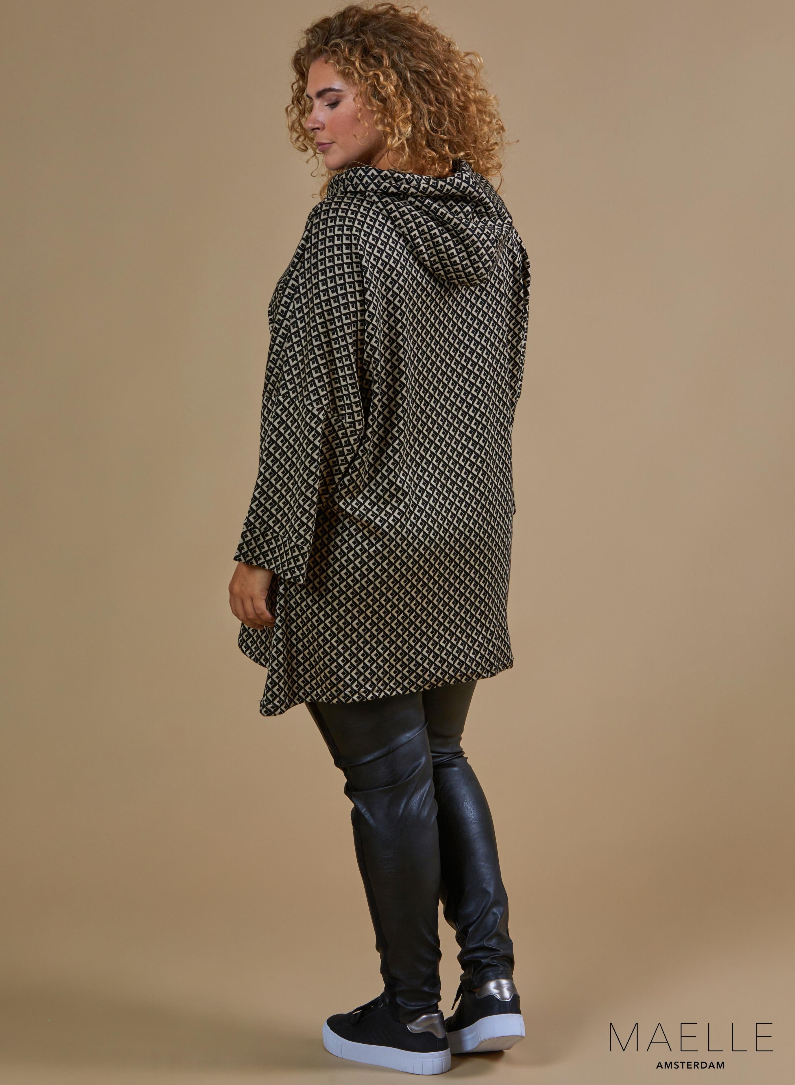 Maelle Warm Tunic Hoody Squared Pattern Taupe