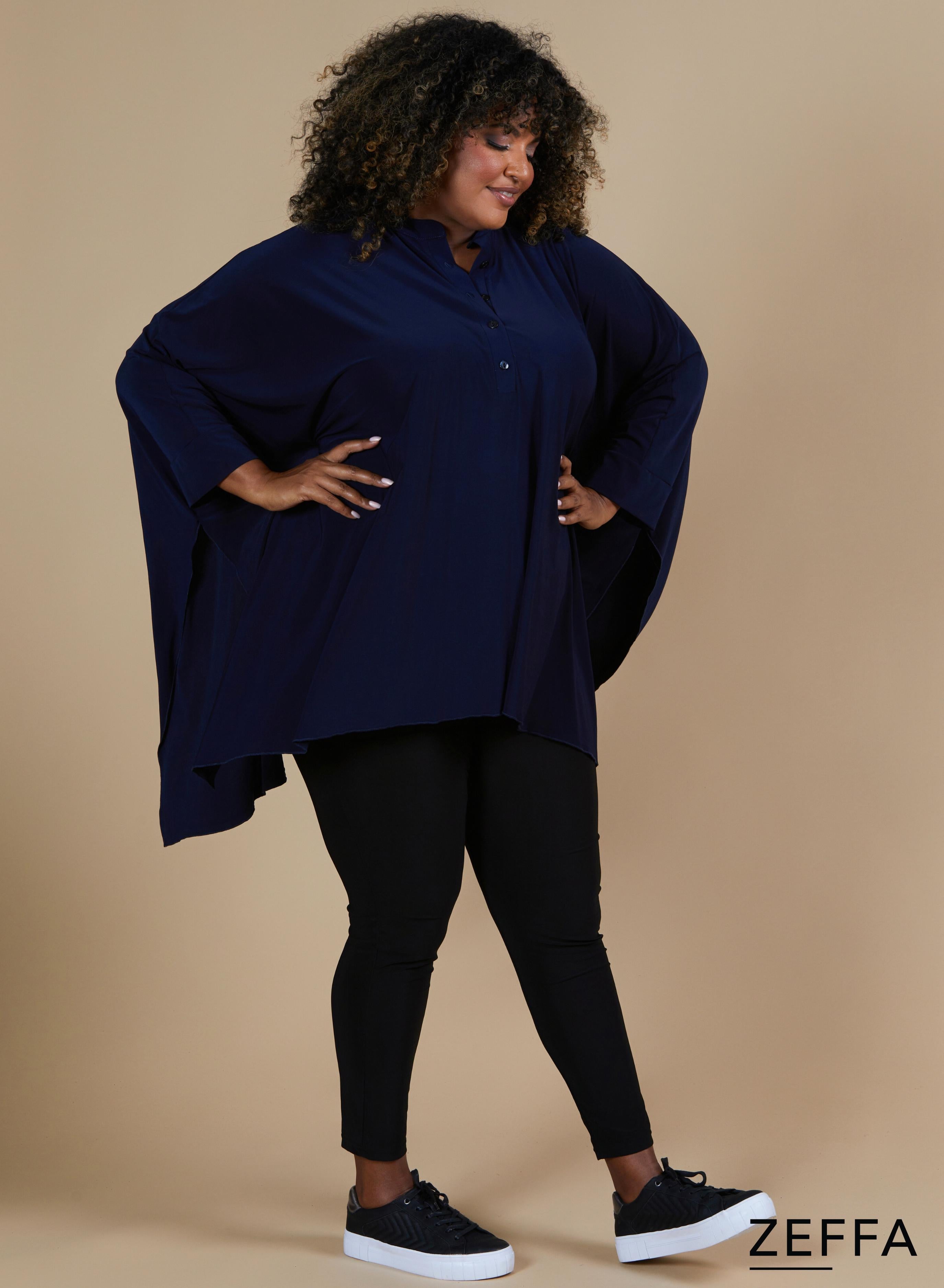 Zeffa Oversized Tunic Poncho with Buttons Navy