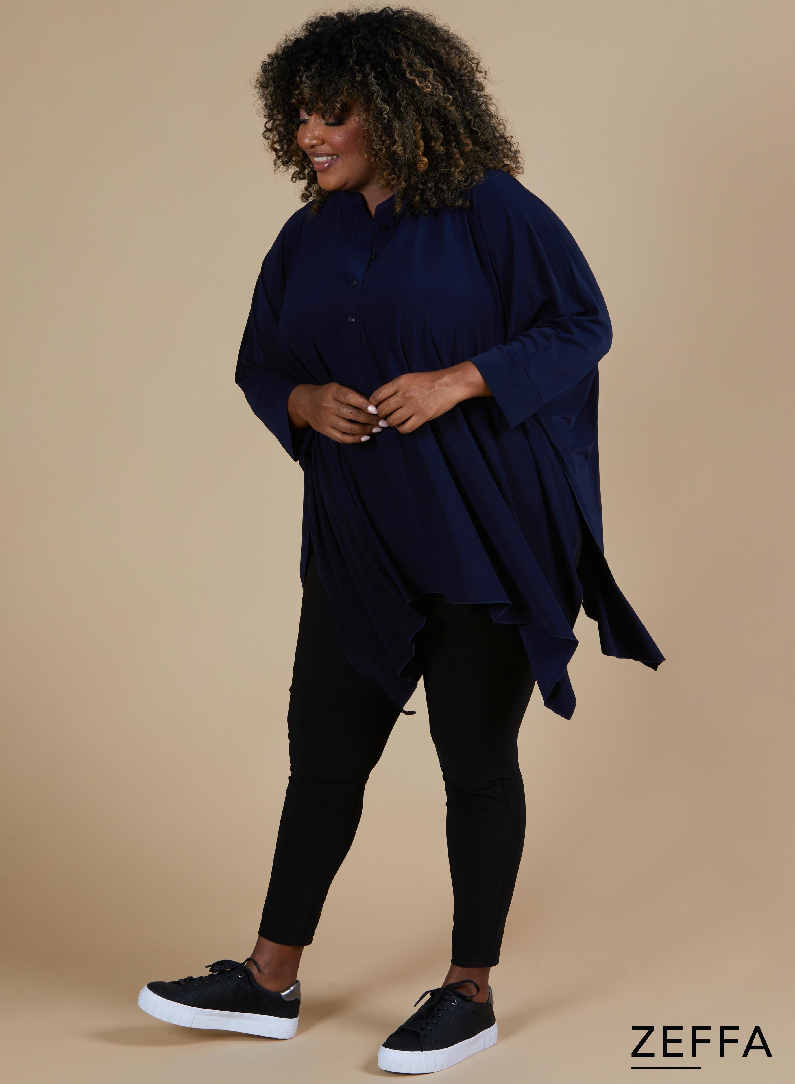 Zeffa Oversized Tunic Poncho with Buttons Navy