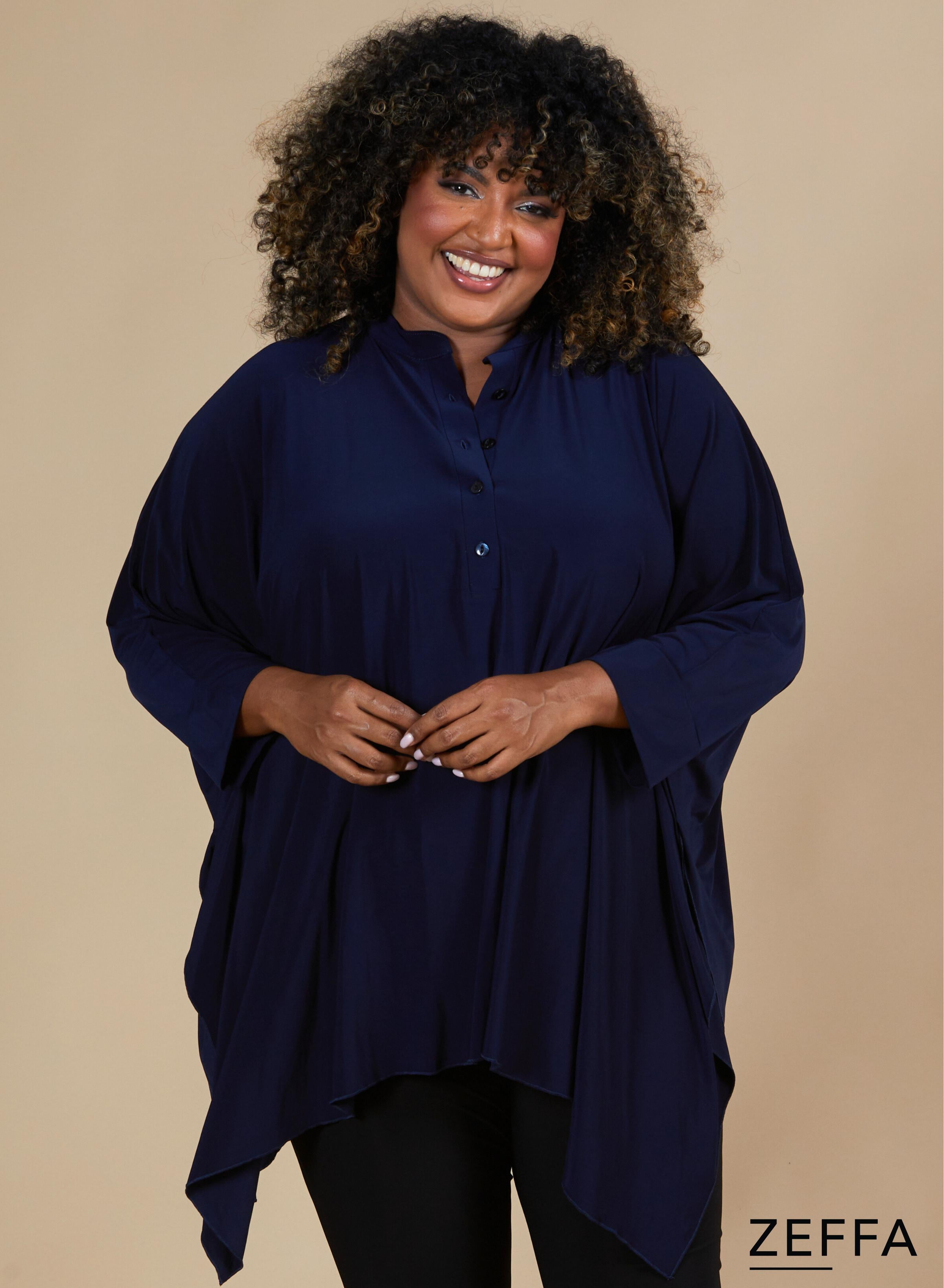 Zeffa Oversized Tunic Poncho with Buttons Navy