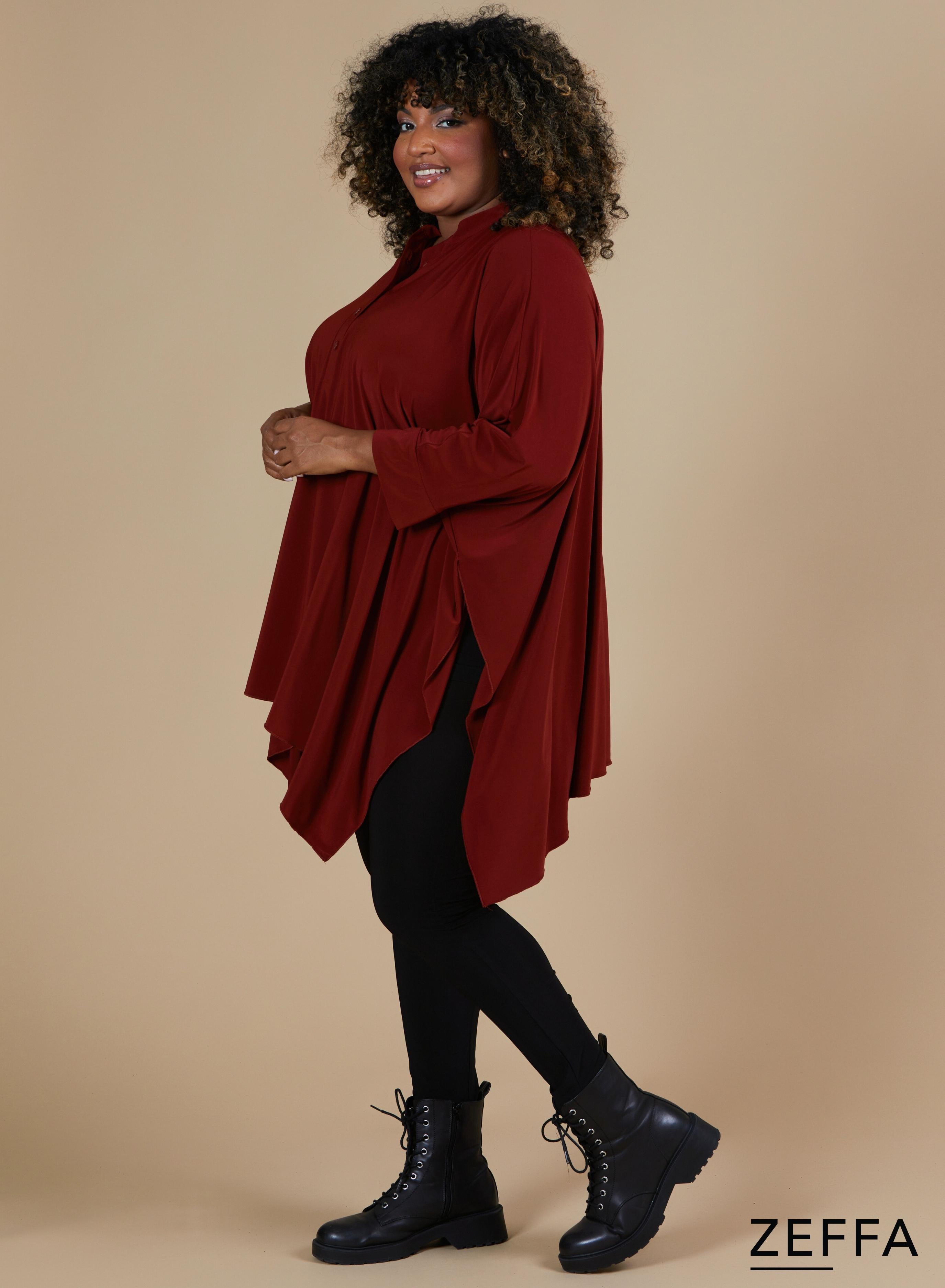 Zeffa Oversized Tunic Poncho with Buttons Rust