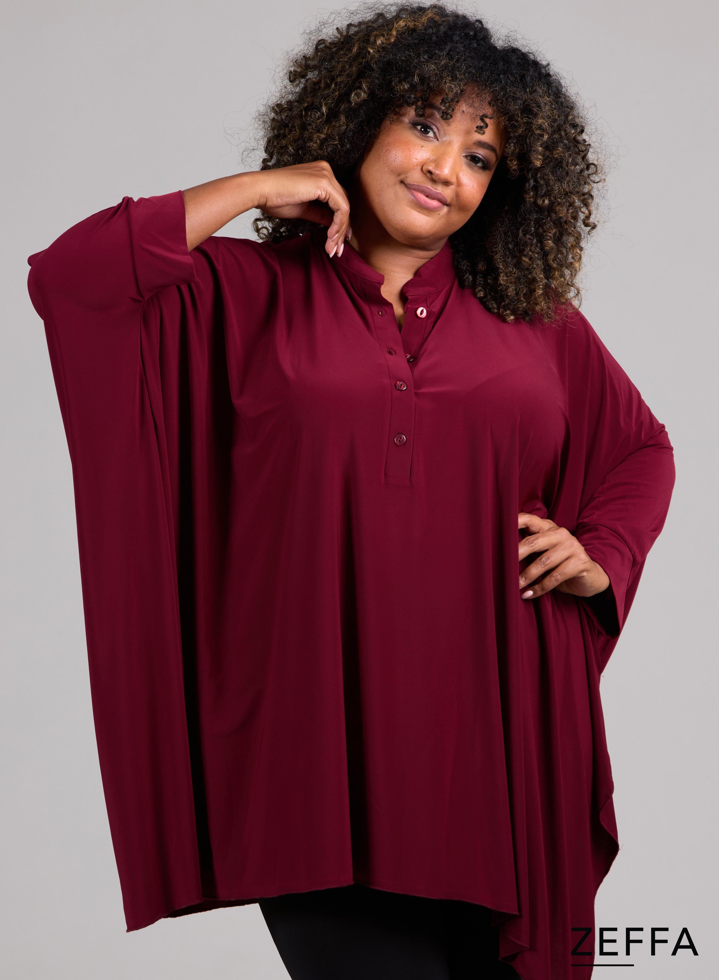 Zeffa Oversized Tunic Poncho with Buttons Wine Red