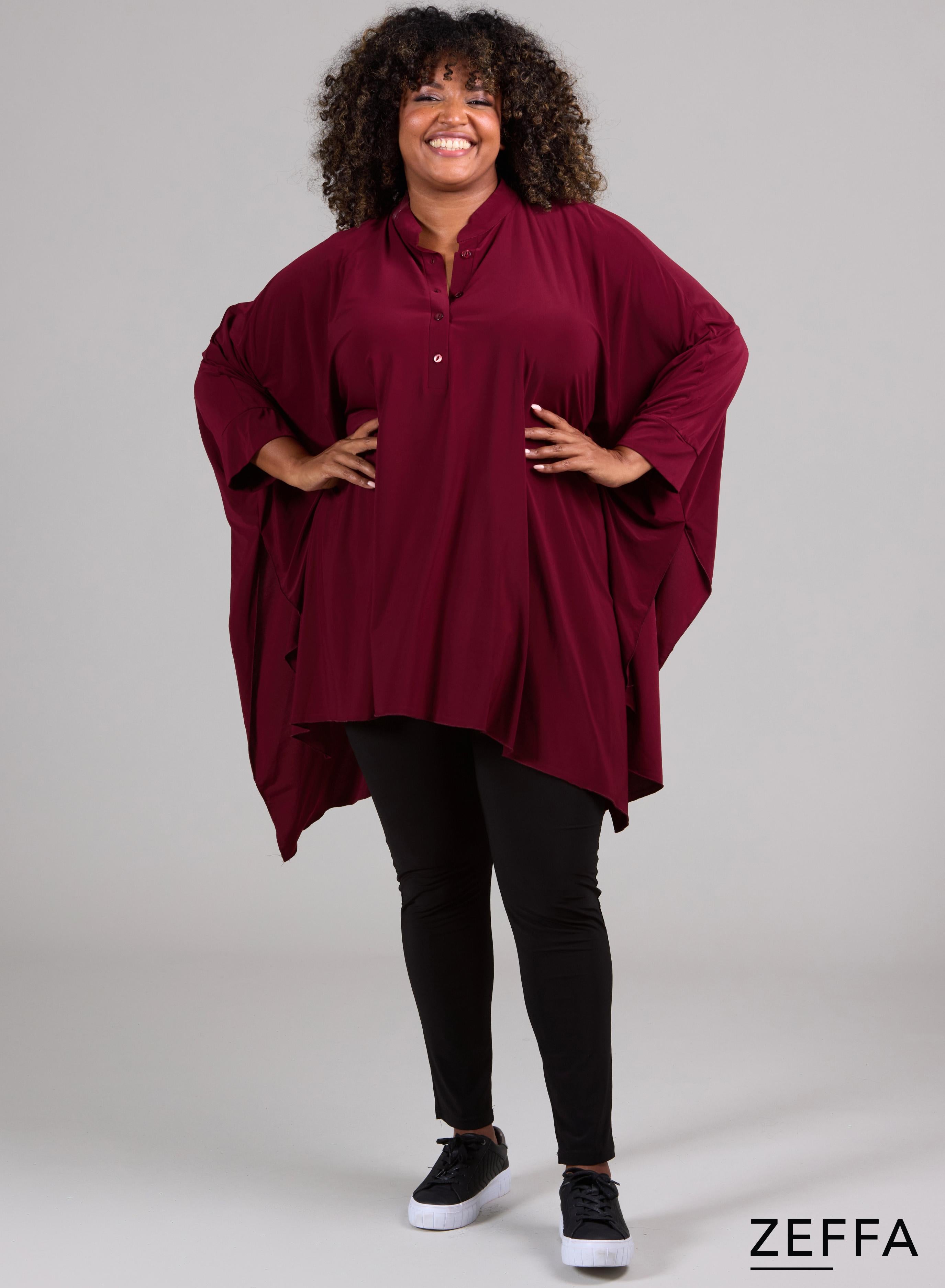 Zeffa Oversized Tunic Poncho with Buttons Wine Red