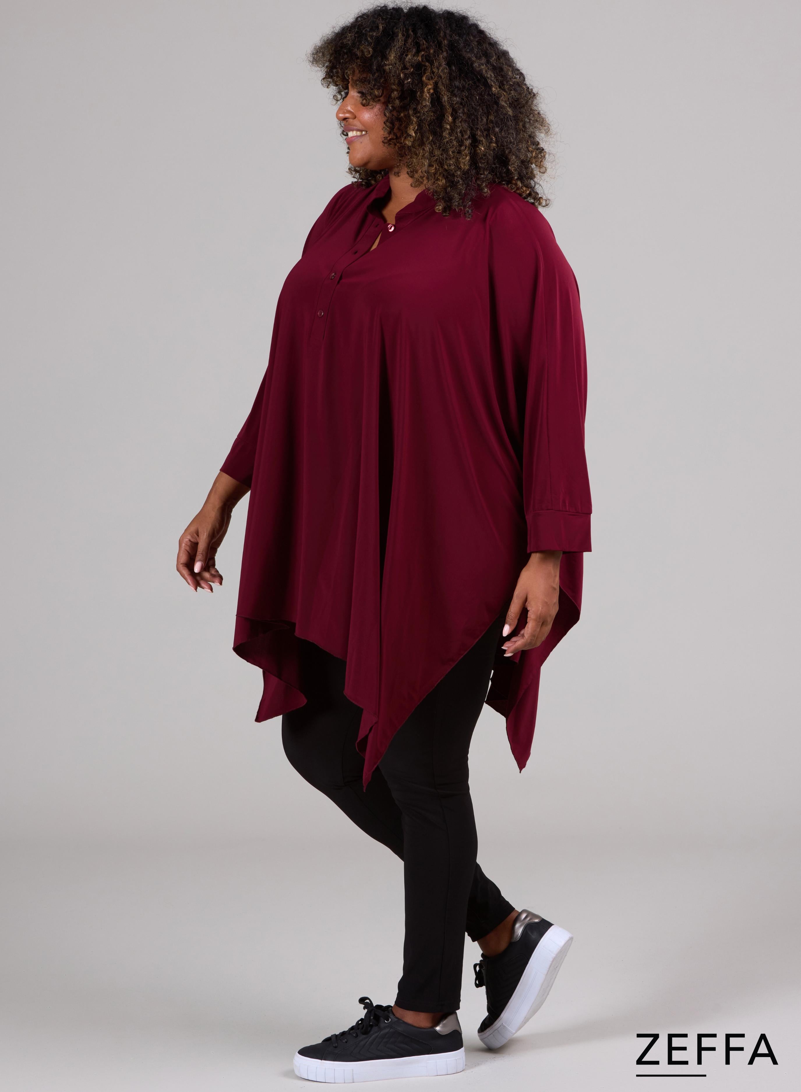 Zeffa Oversized Tunic Poncho with Buttons Wine Red