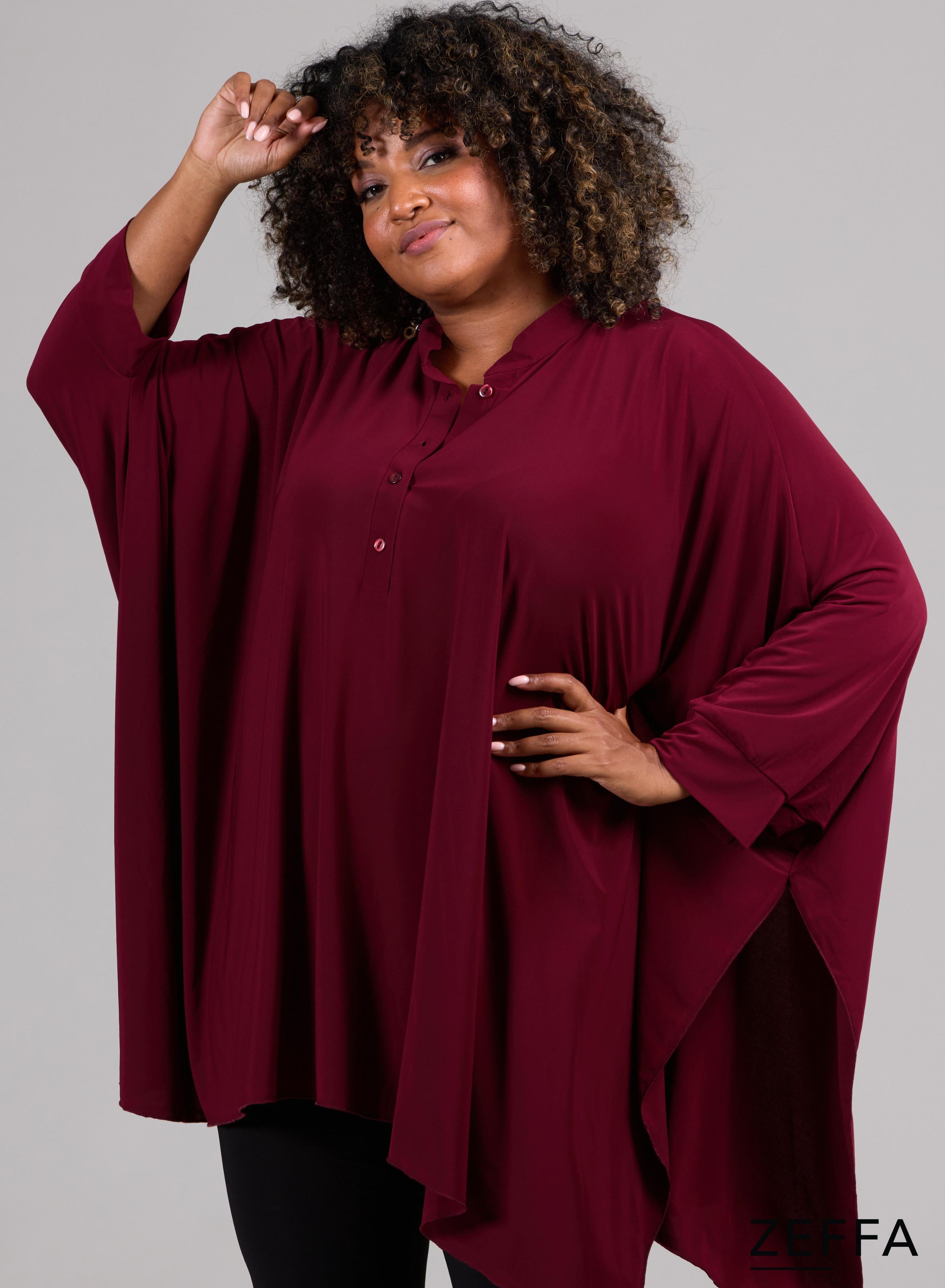 Zeffa Oversized Tunic Poncho with Buttons Wine Red