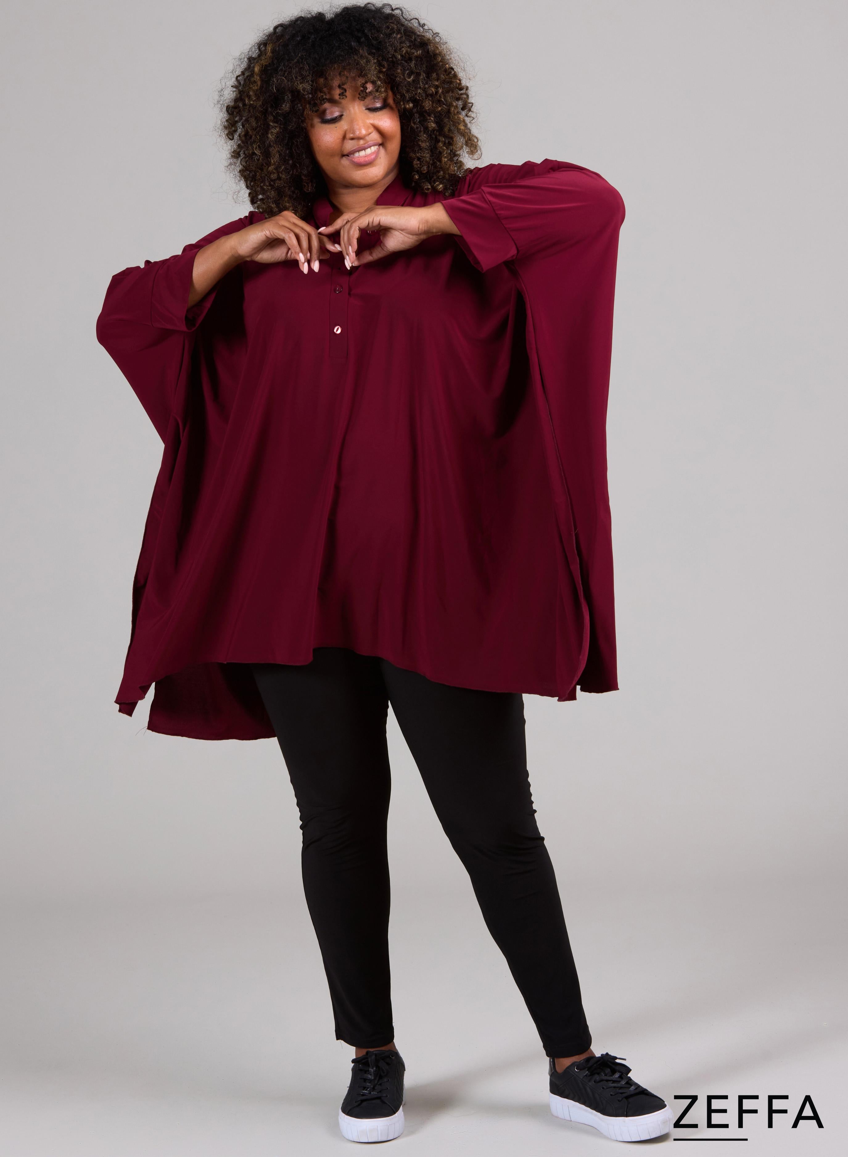 Zeffa Oversized Tunic Poncho with Buttons Wine Red