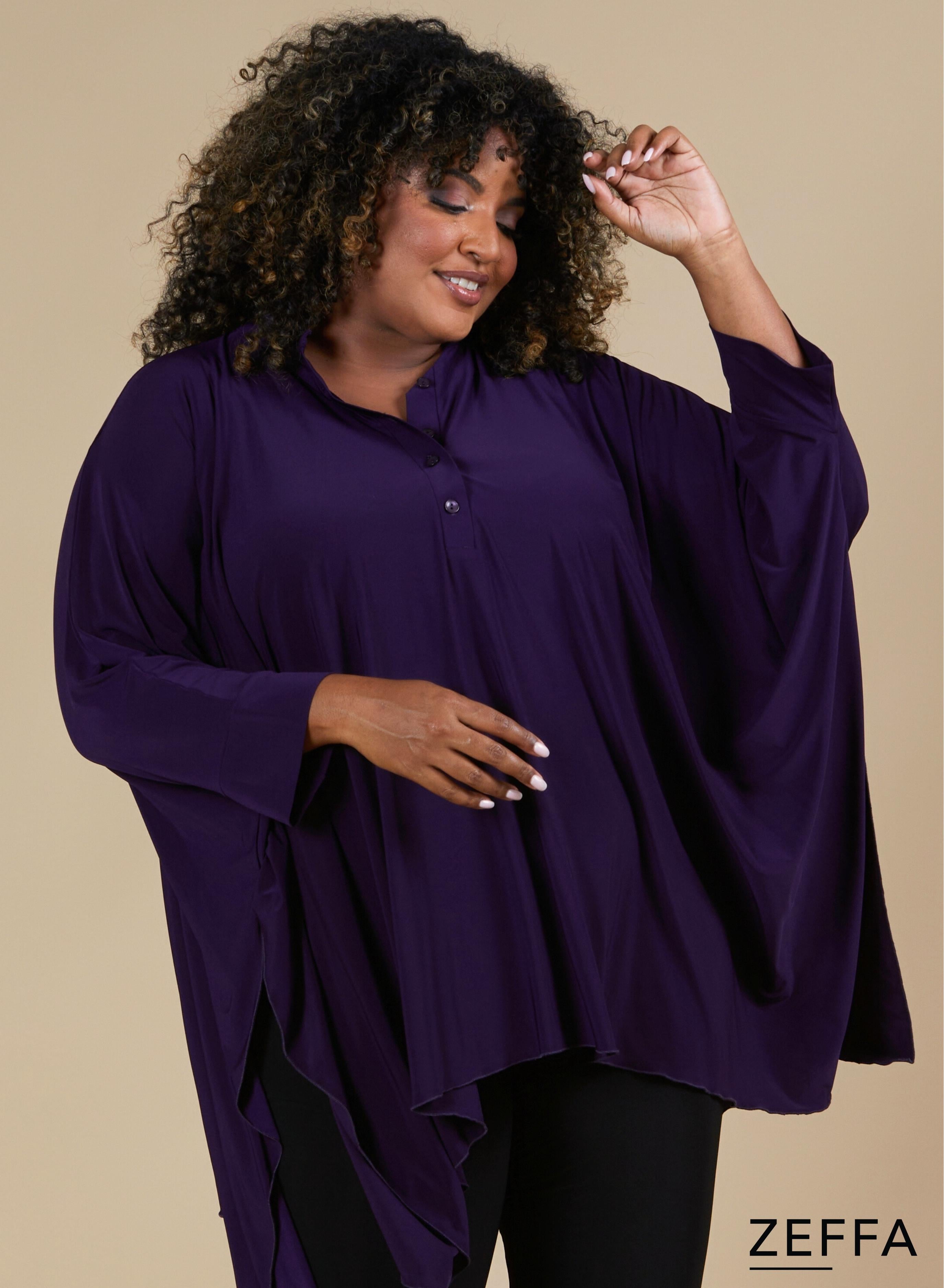 Zeffa Oversized Tunic Poncho with Buttons Dark Purple