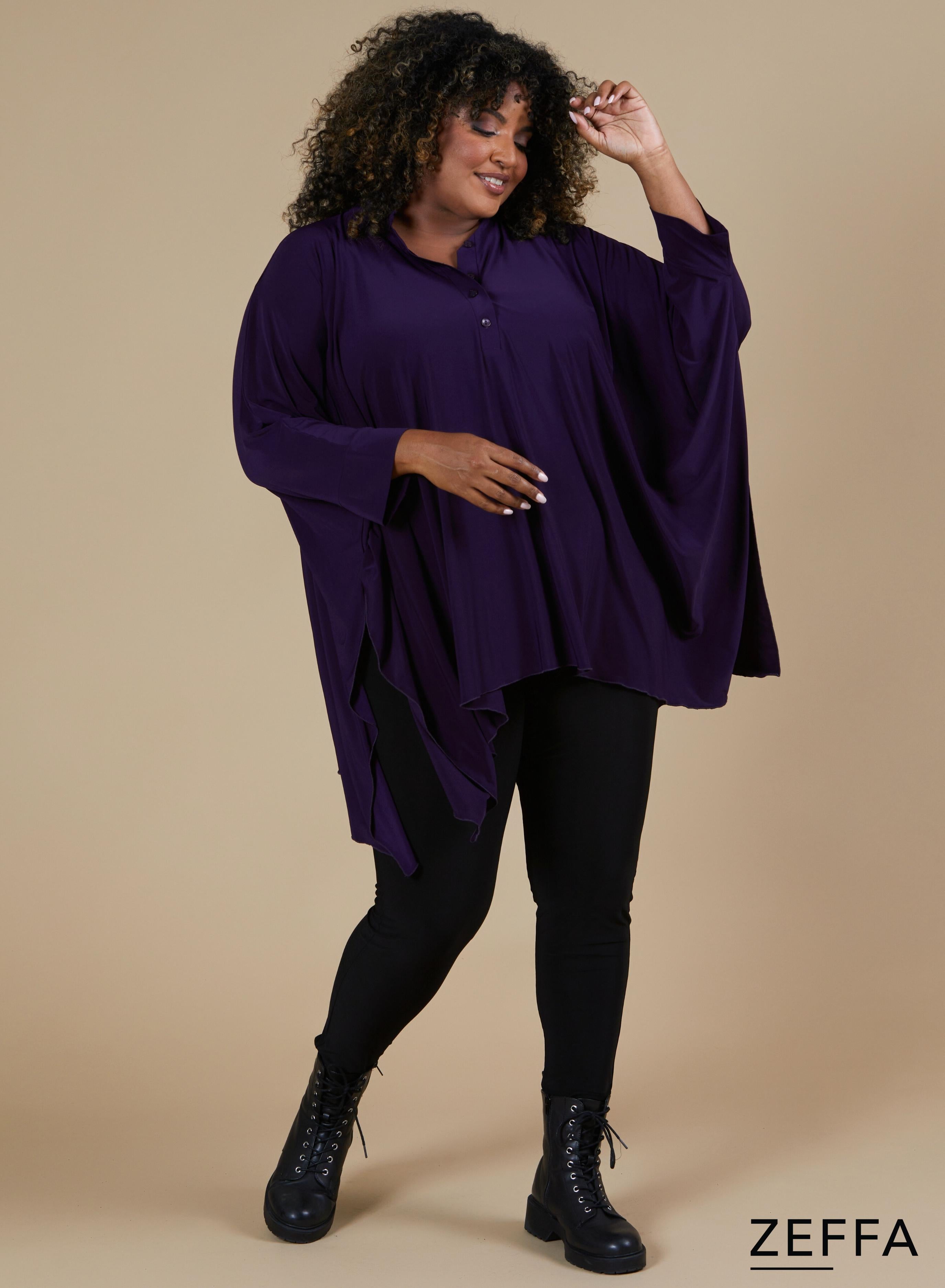 Zeffa Oversized Tunic Poncho with Buttons Dark Purple