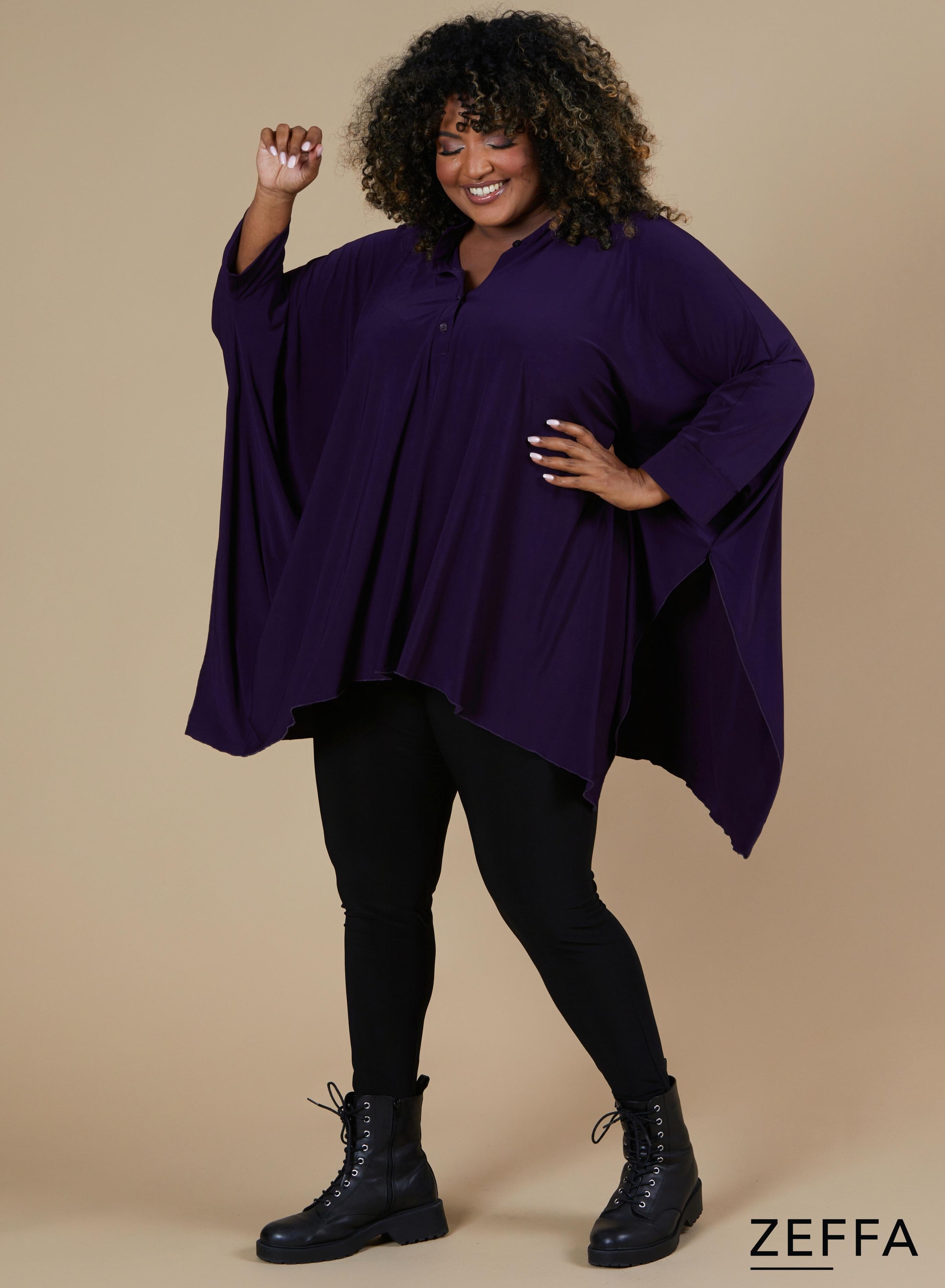 Zeffa Oversized Tunic Poncho with Buttons Dark Purple