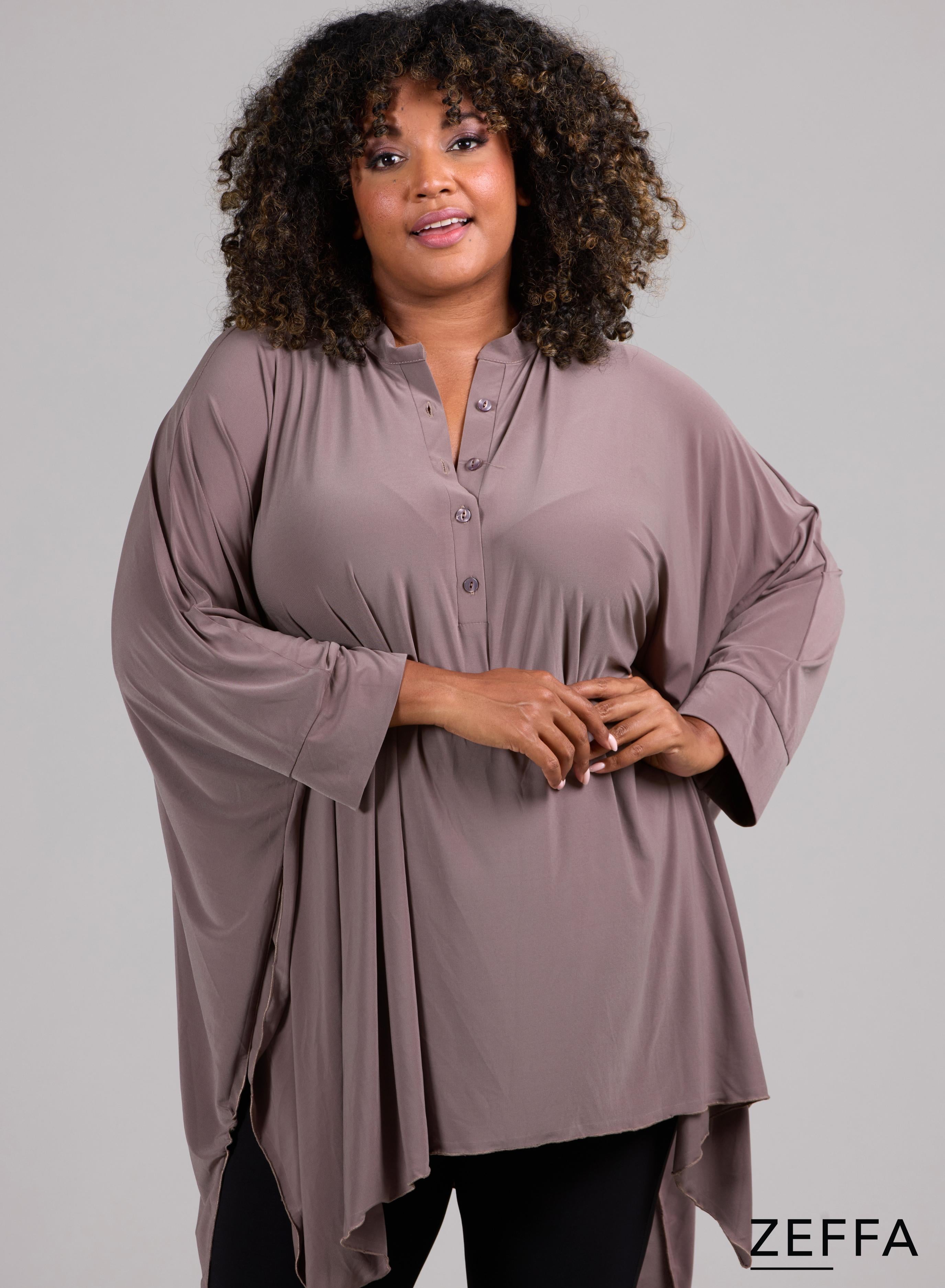 Zeffa Oversized Tunic Poncho with Buttons Taupe