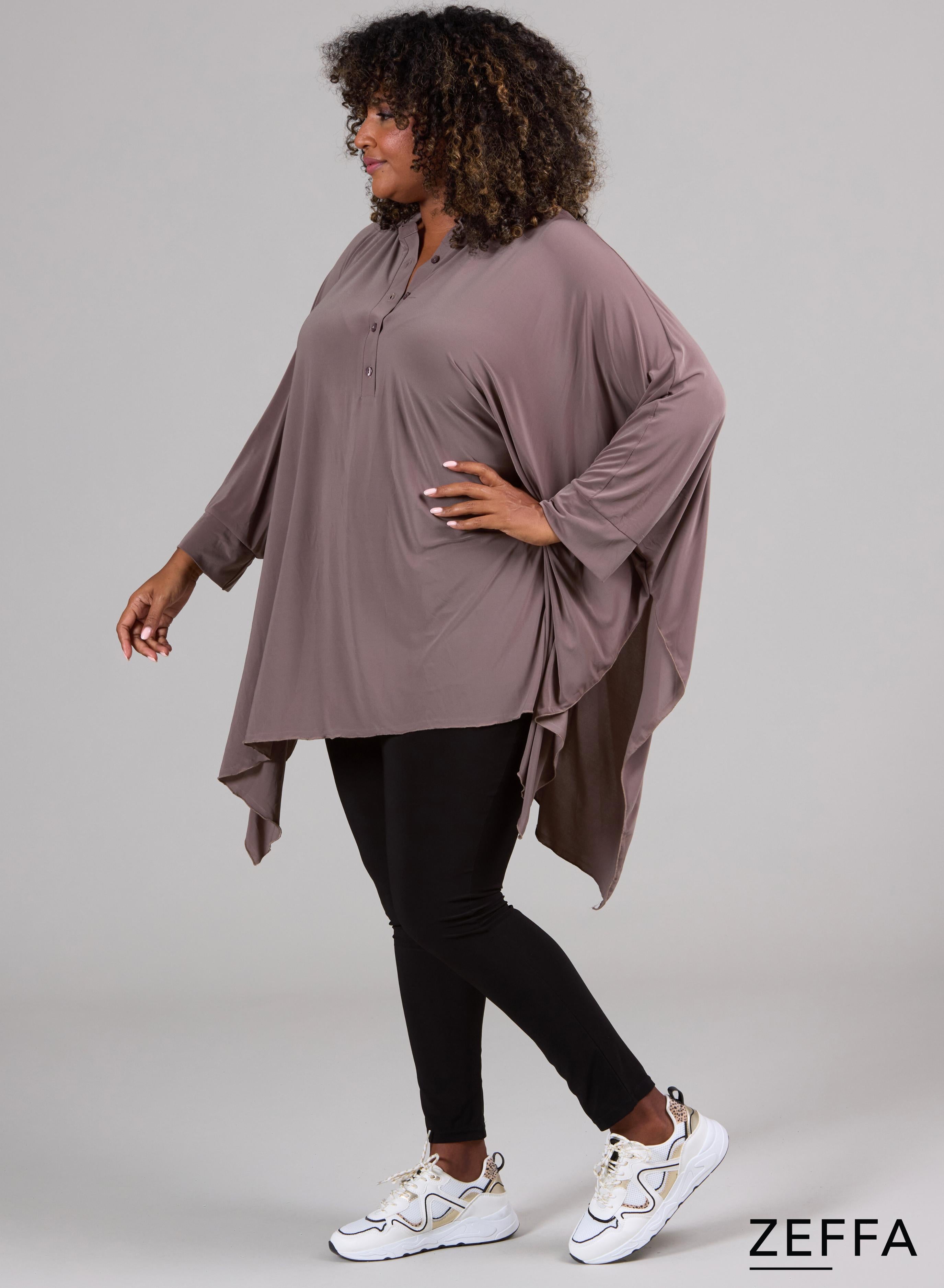 Zeffa Oversized Tunic Poncho with Buttons Taupe