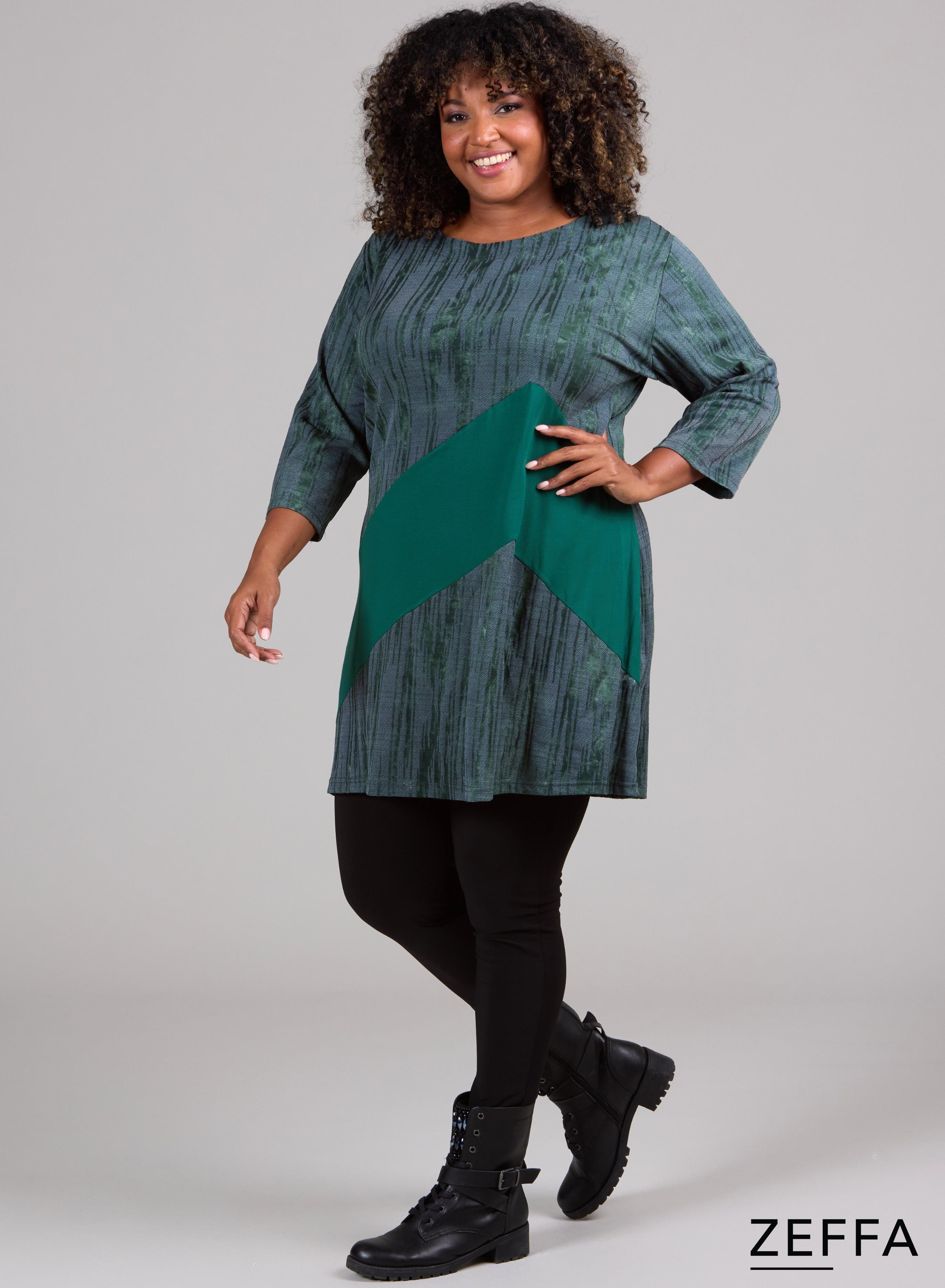 Zeffa Broad Panel Tunic Warm Green Sketch Print