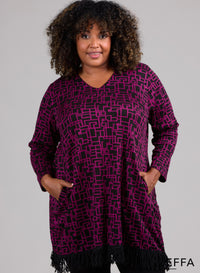 Zeffa Warm Fringe Tunic Network Lines Magenta