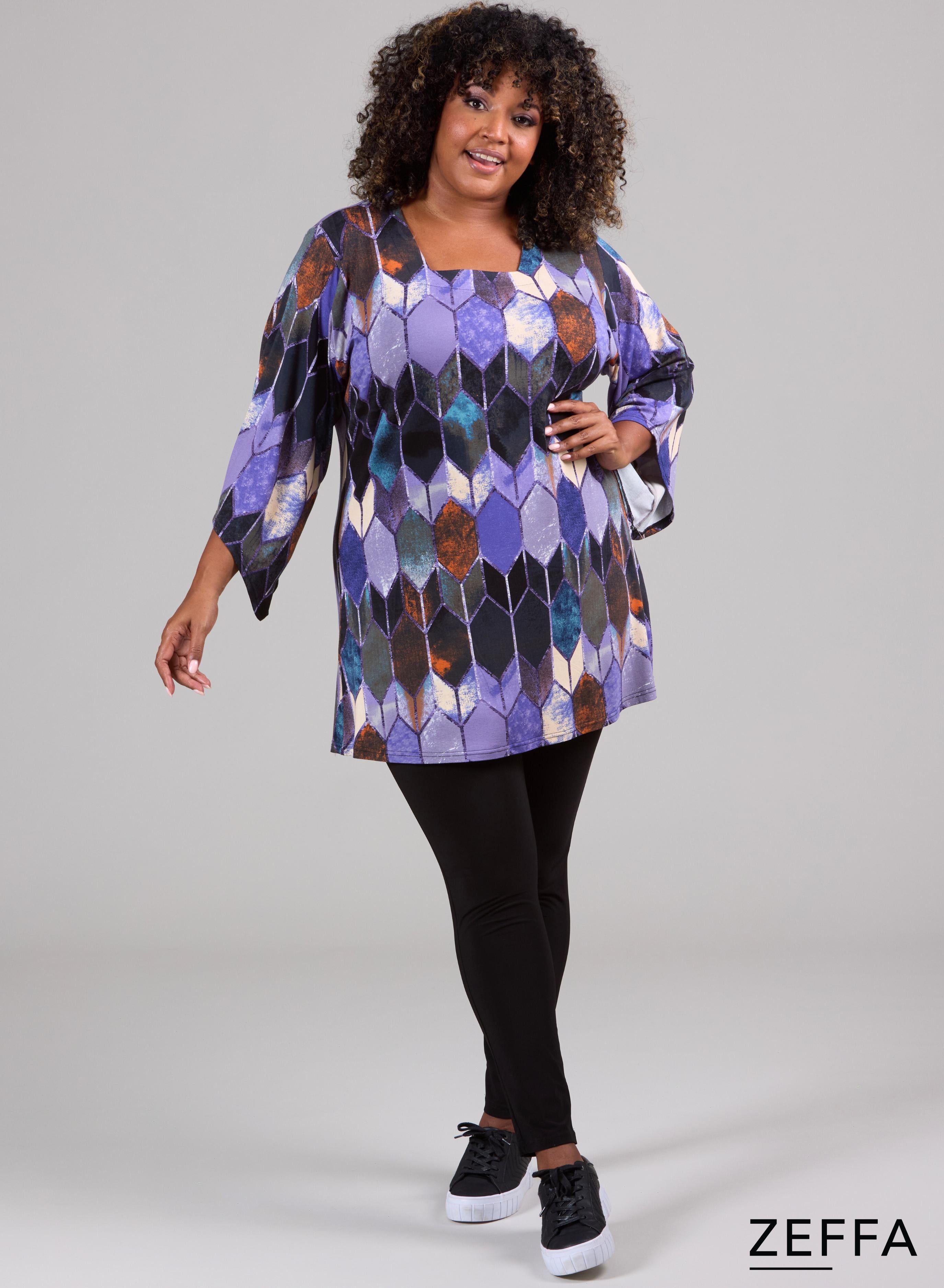 Zeffa Wide Sleeve Tunic Diamond Shaped Pattern Purple