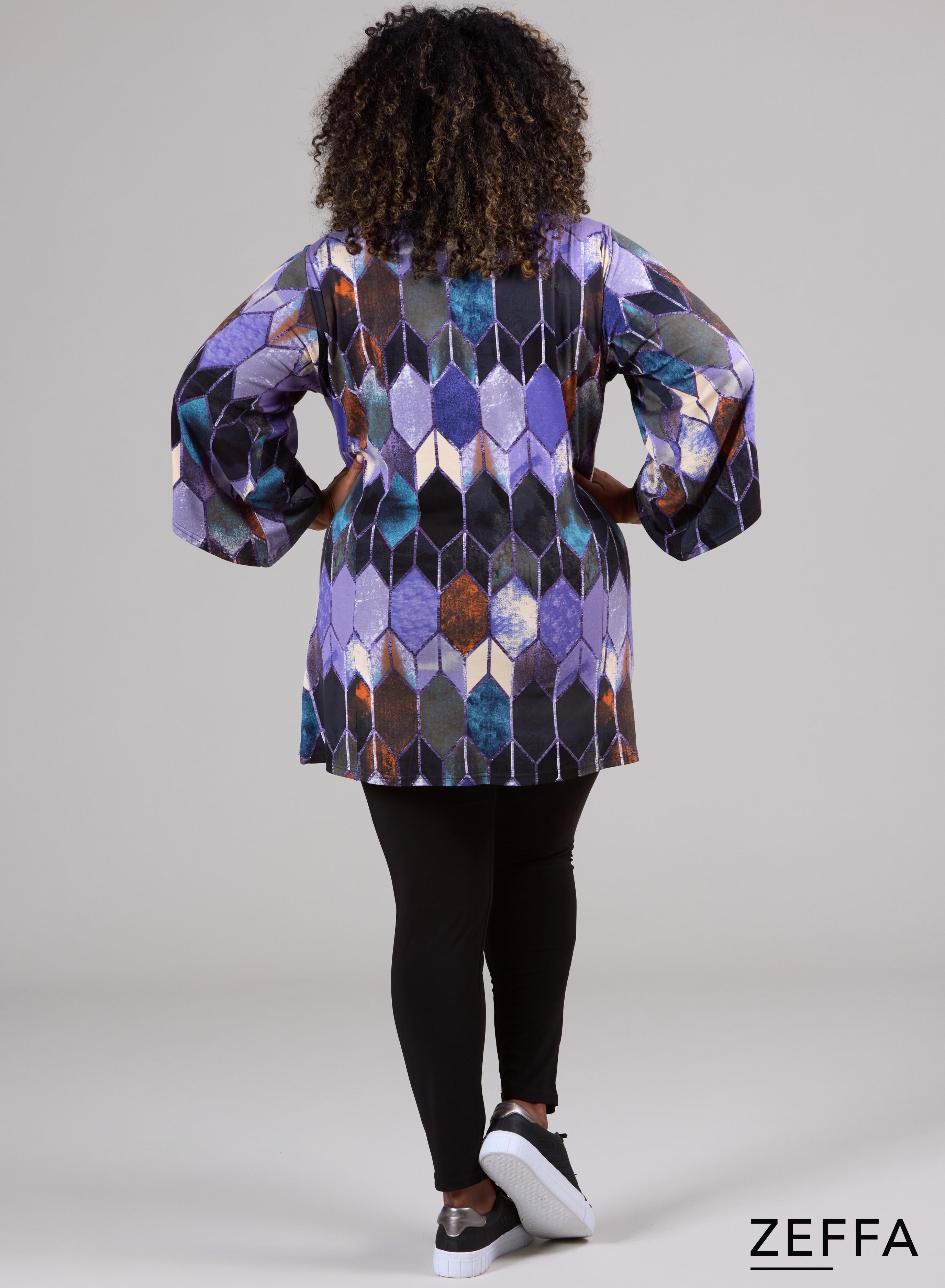 Zeffa Wide Sleeve Tunic Diamond Shaped Pattern Purple